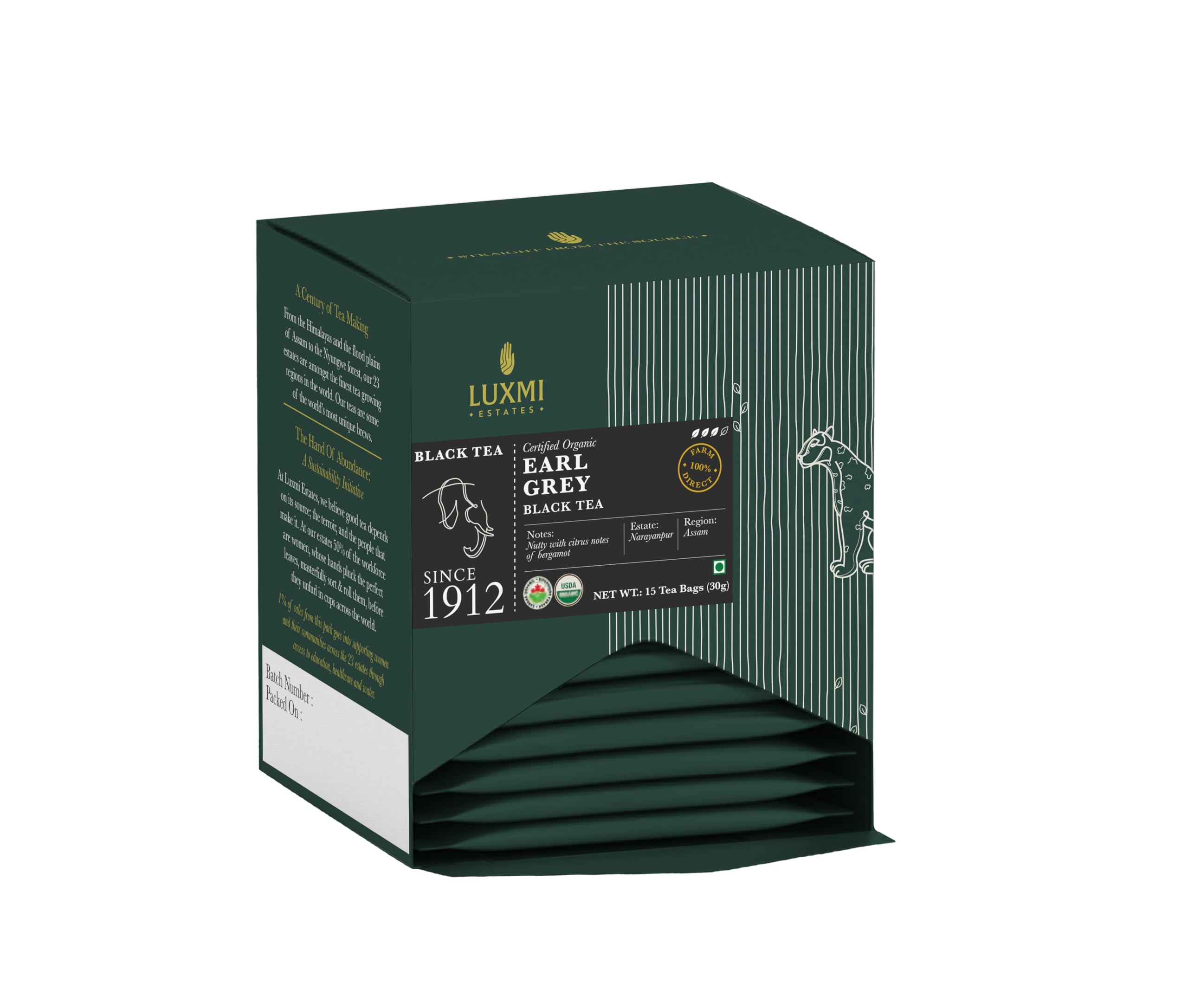 Luxmi Estates Garo Hills Organic Earl Grey Black Tea 15 Tea Bags (30gm) Pack | USDA Organic | 100% Natural Bergamot Extracts | 15 Cups | Assam Black Tea