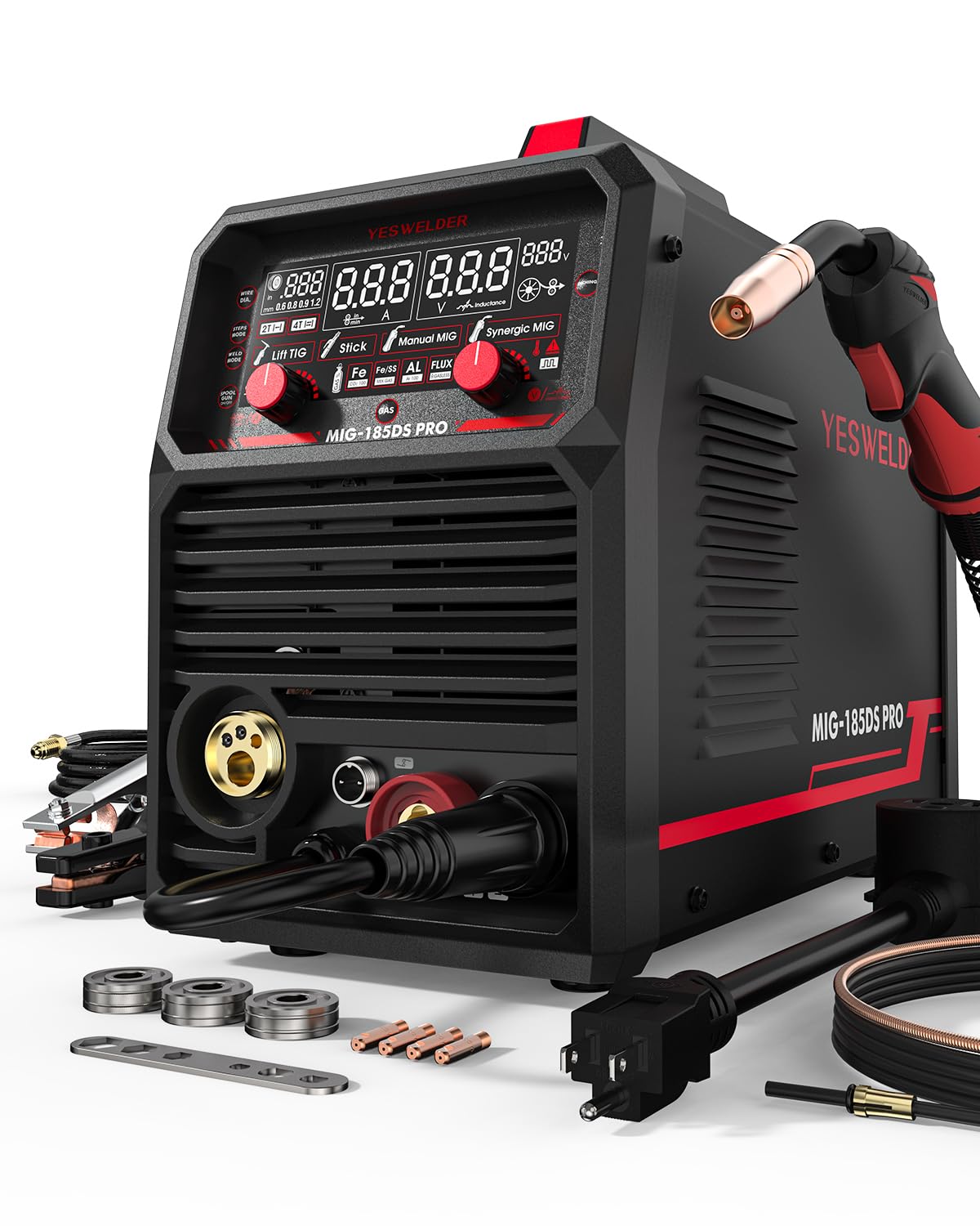 YESWELDER 185A MIG Welder, Flux Core MIG/Gas MIG/Spool Gun MIG/Lift TIG/Stick 5 in 1 Multi-process Aluminum Welding Machine, LED Digital Display Synergic Control 110V/220V Dual Voltage MIG-185DS PROYESWELDER 185A MIG Welder, Flux Core MIG/Ga…