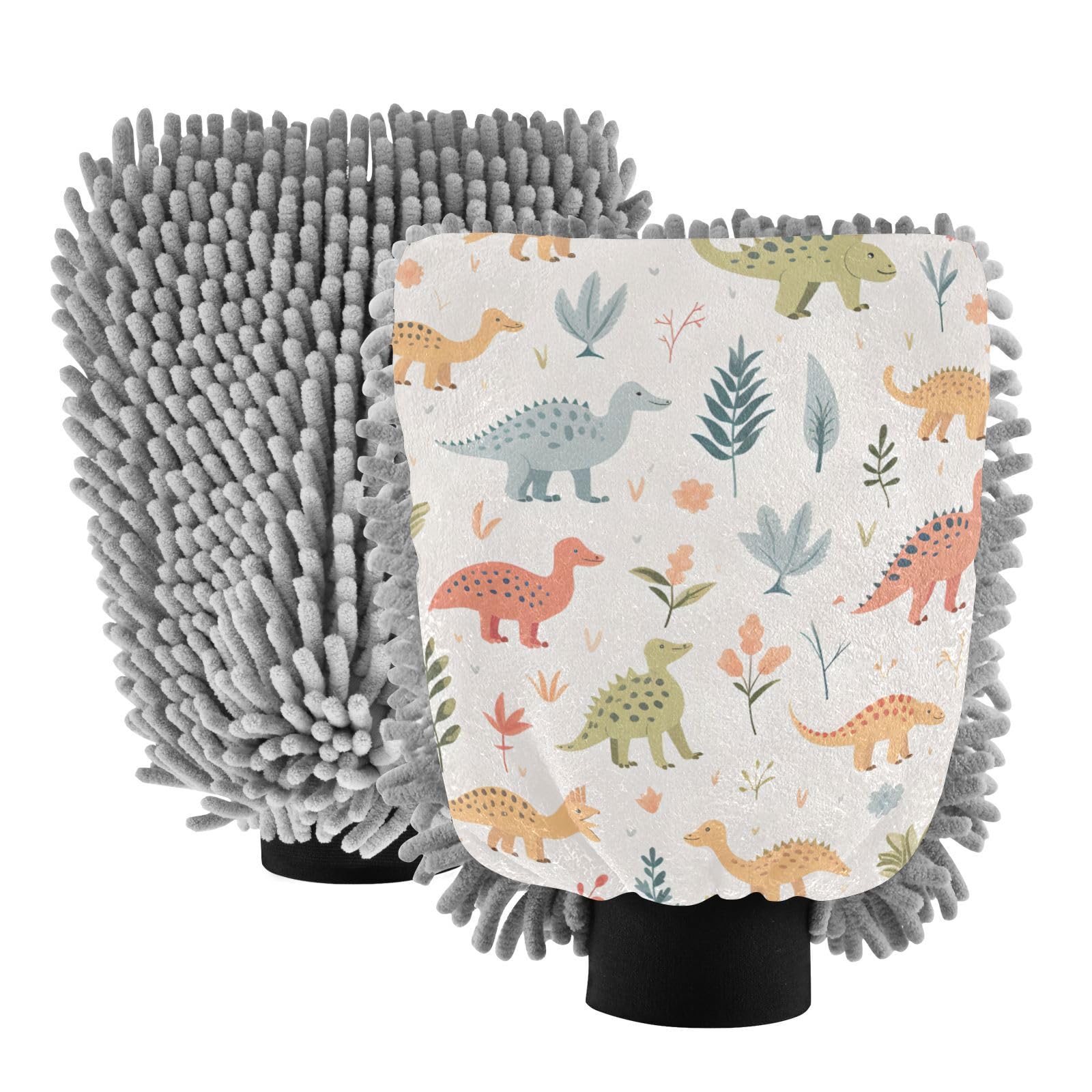 IOACIY Absorbent Microfiber Car Wash Drying Mitts, 2 Pack, Scratch-Free & Lint-Free, Rich Foam, Highly Absorbent, Double Sided, Wash Mitt Perfect for Car Washing, M, Cute Dinosaur (9)