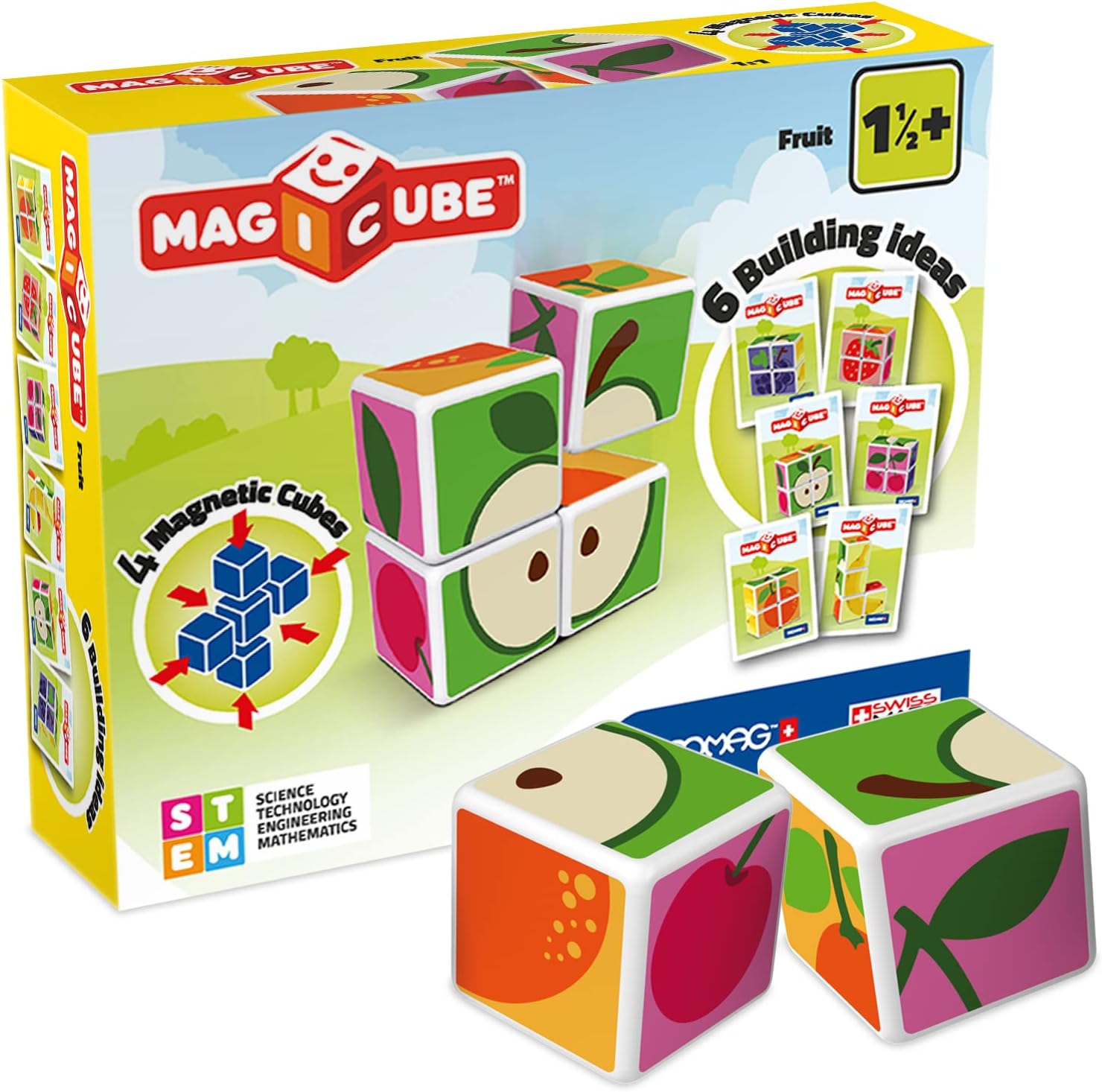 Geomag Magicube Printed Fruit with Magnetic Cubes and Cards 7pcs Magnet Toys Building Constructions for Children STEM Creativity Imagination, Recreational Conventional Educational Made in Switzerland