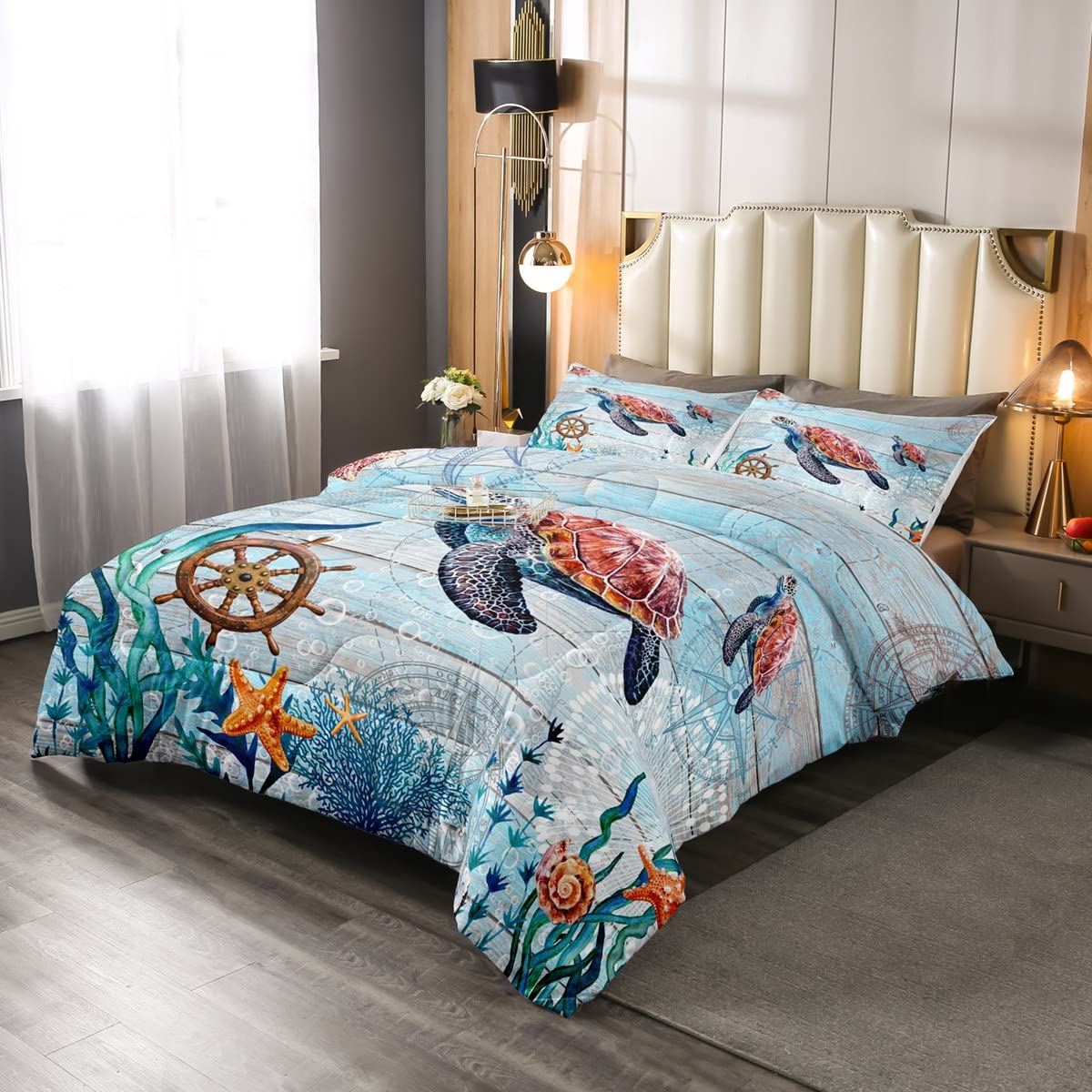 3-częściowy zestaw pościeli, kołdry dla gów, żółwia, king size, morska rozgwiazda nadmorska zestaw pościeli oceanu, wystrój pokoju, stare morskie stworzenia, zestaw kołdry pływackich, ultramiękka mikrofibra