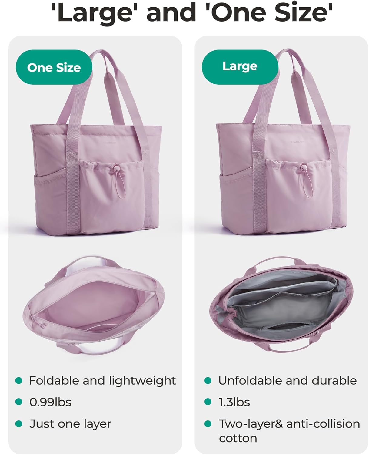 BAGSMART Foldable Tote Bag with Drawstring Bag, Large Tote Bag Shoulder Bag Top Handle Handbag for Travel, Work, Beach, Gym - Image 2