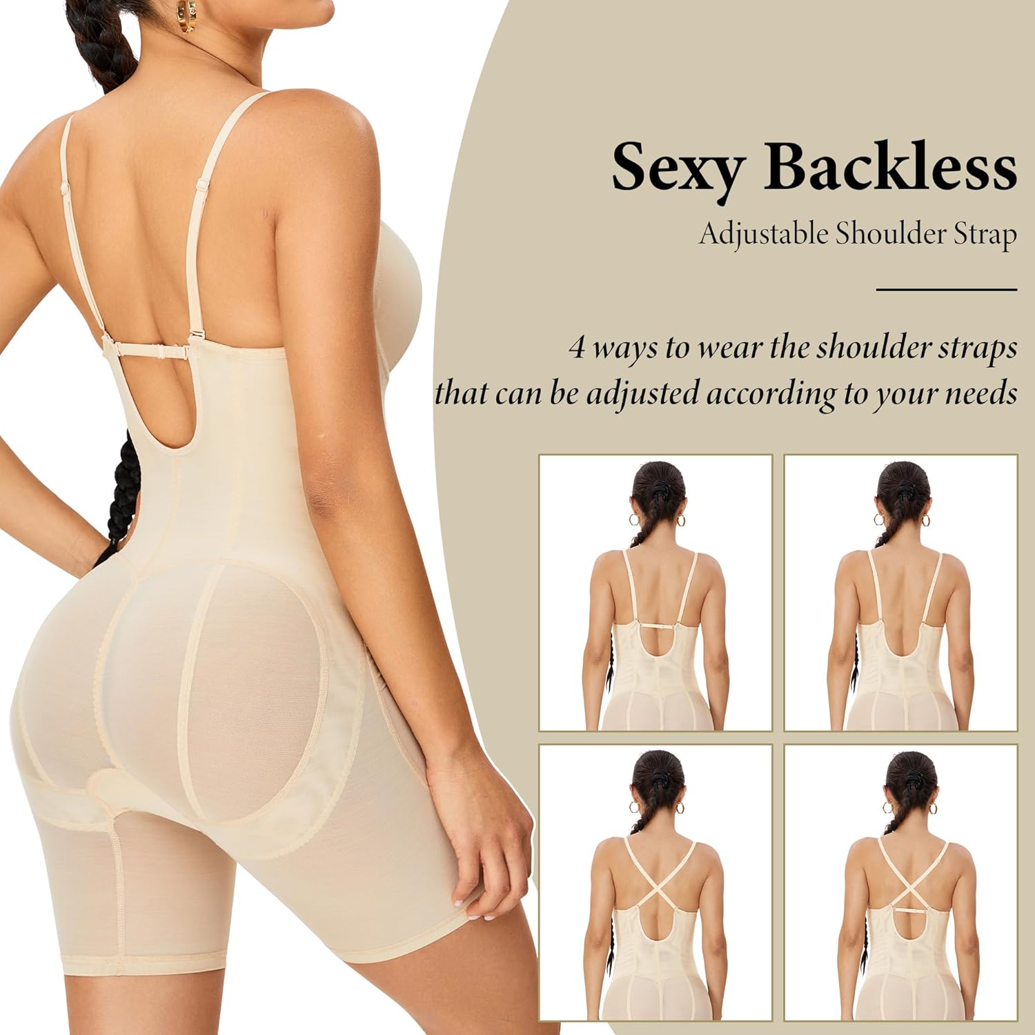 Backless Deep U Plunge Bodysuit for Women Tummy Control Full Body Shapewear Strapless Mid Thigh Body Shaper - Image 5
