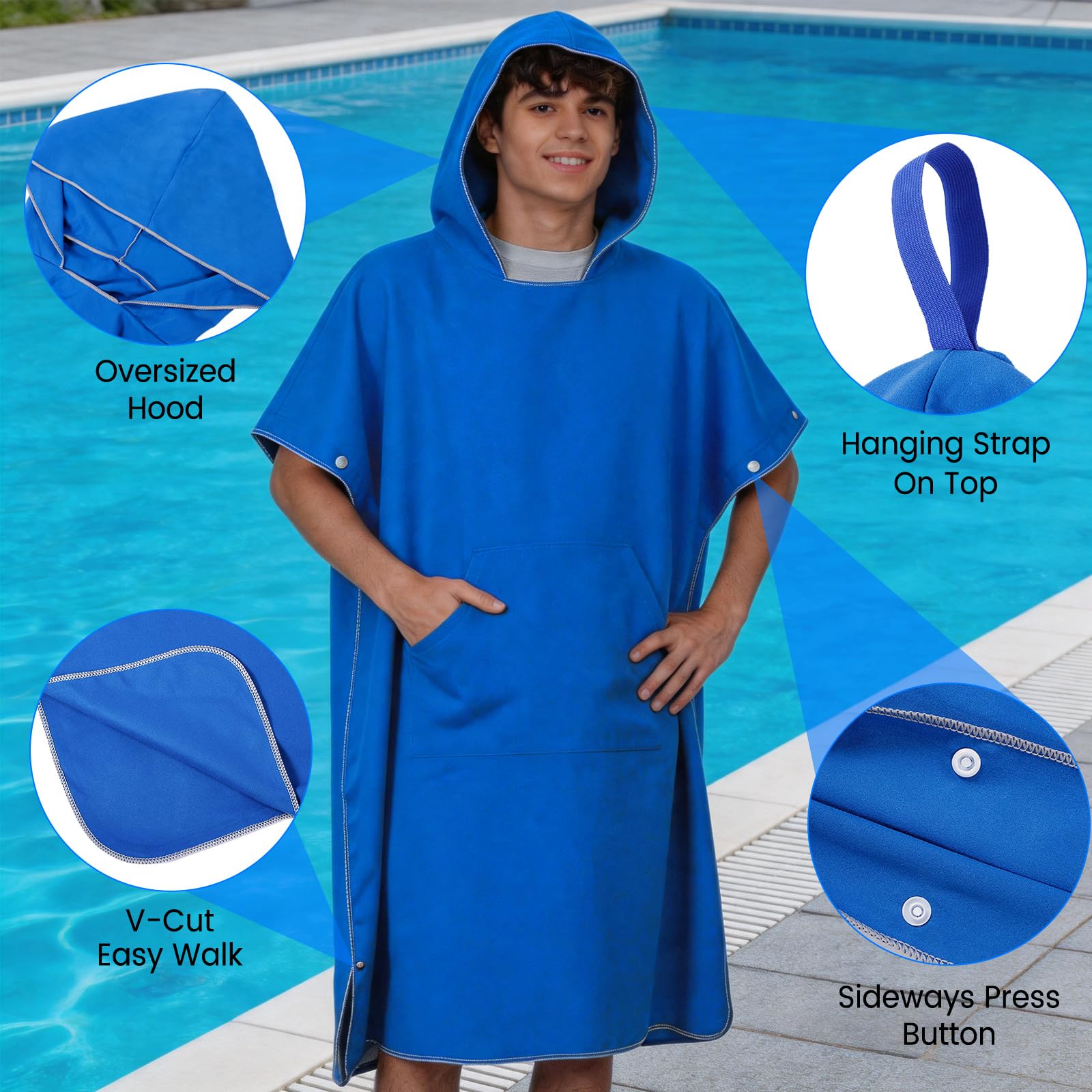 Poncho Surf Microfibra con Capucha, Toalla Poncho Secado Rapido Ligero y Compacto, Albornoz Cambiador Unisex para Playa Natacion Piscina Deportes Acuaticos Surf Viaje (Grande)