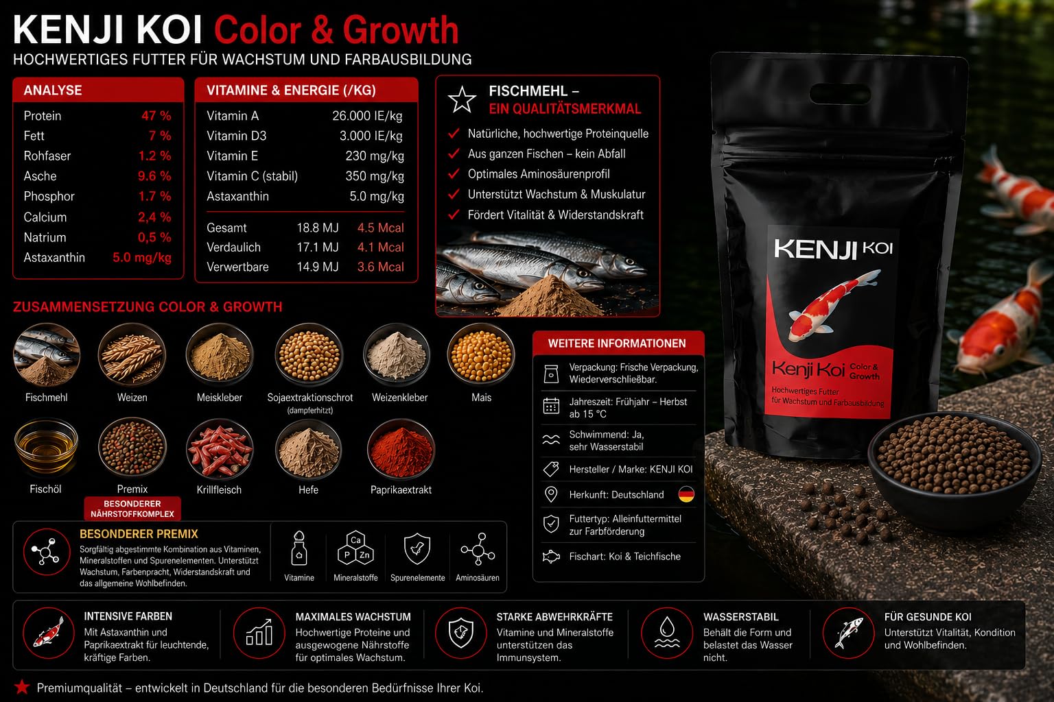 Color & Growth High Growth & Color Nourriture de croissance pour carpes koï et bassin 5 kg 3 mm Nourriture complète pour carpes koï