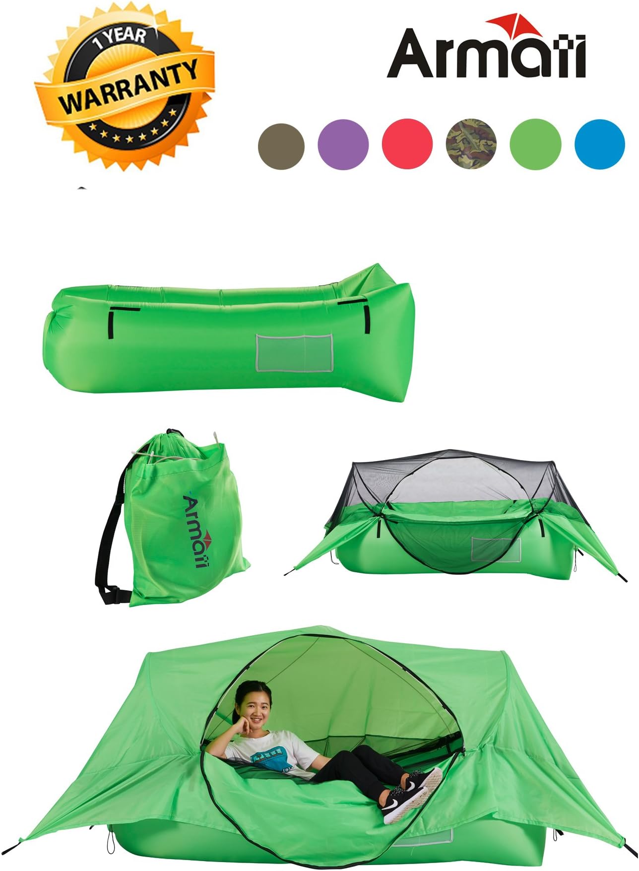 Armati Suspended Tent Single Person Backpacking Tent, Inflatable Lounger, Air Sofa Bed,Hammock L79” W31.5” H47” with Carry Bag, Securing Stake and Bottle Opener