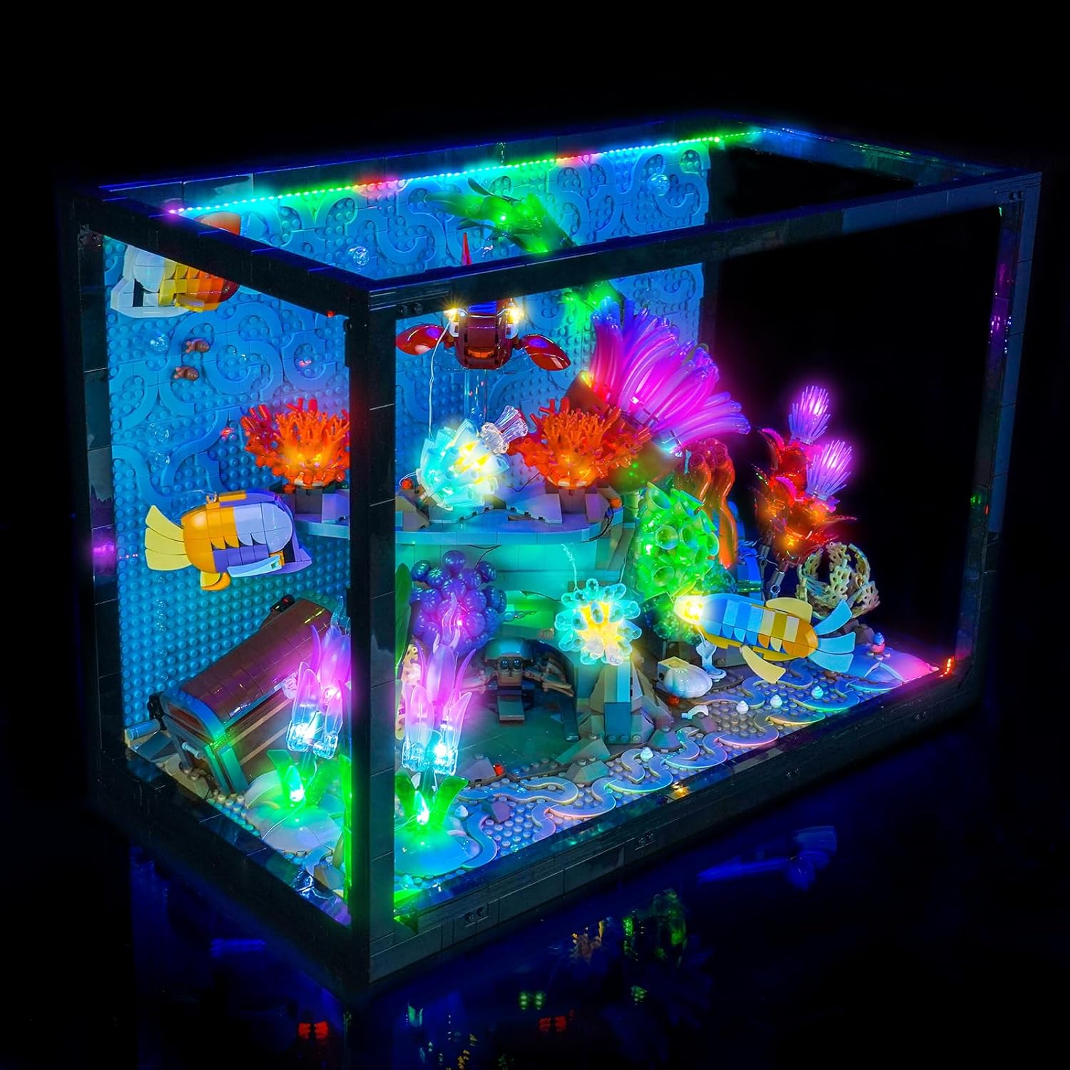 LEGO Tropical Aquarium model 10366 illuminated with blue LED lights.