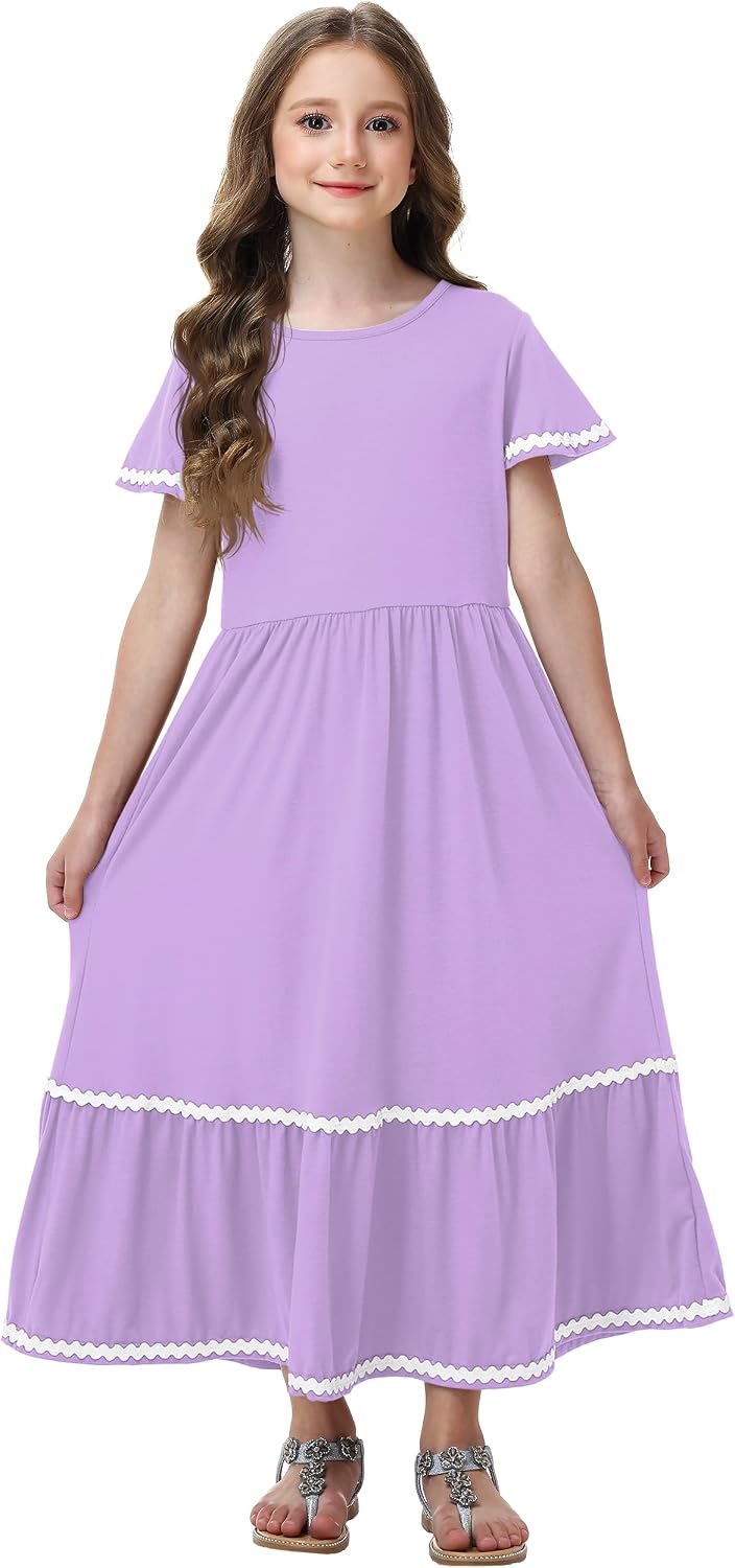 Remimi Girls Summer Maxi Dress Casual Short Sleeve Flowy Tiered Dresses 5-14 Years