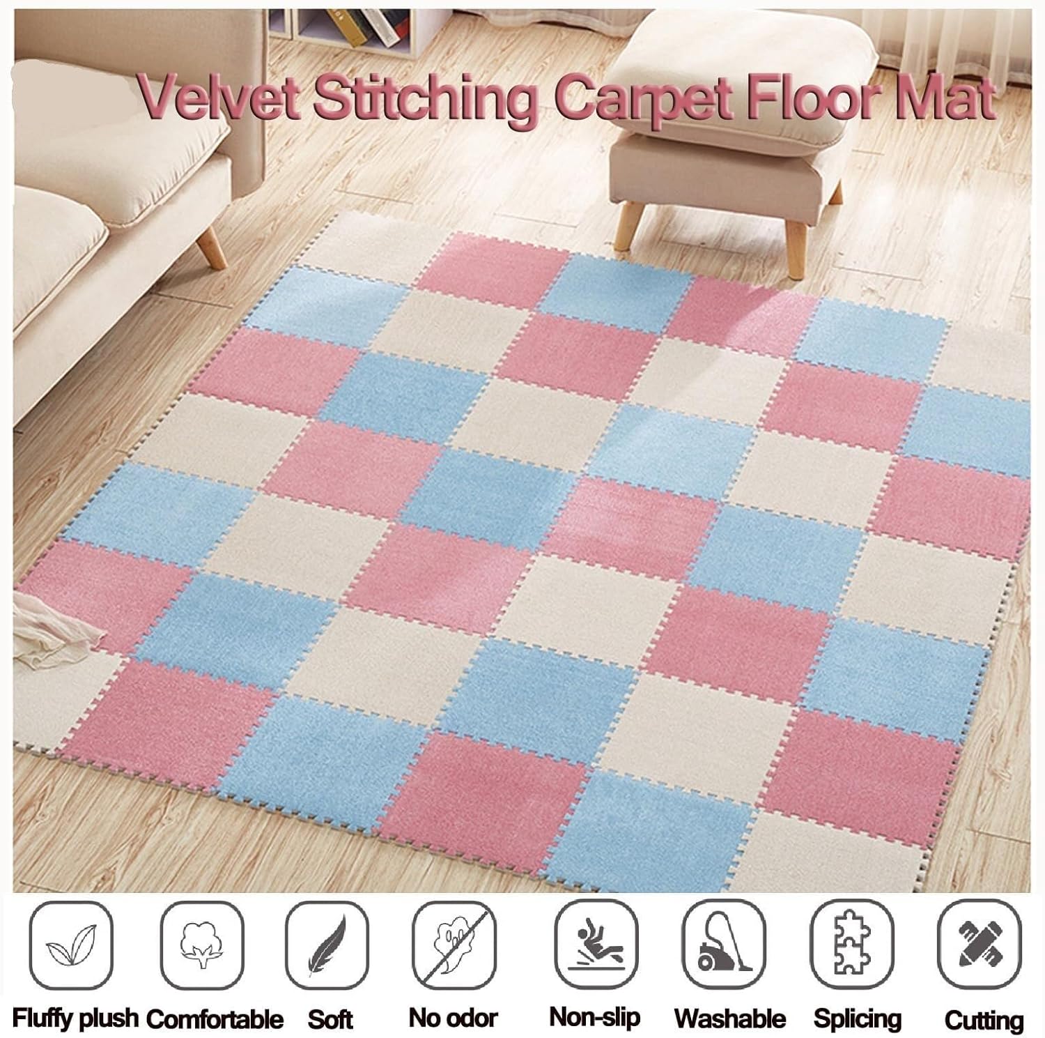 50pcs Shaggy Eva Floor Mat Tiles, 12x12 in Carpet Puzzle Mats for Floor Anti-Slip Washable, Plush Foam Interlocking Carpet Tiles(Pink+Sky Blue)