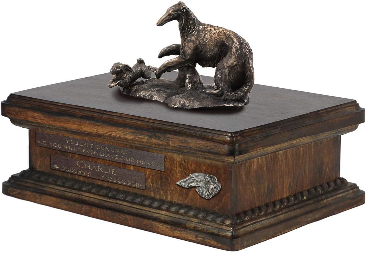 Art-Dog Custom Dog Sitting Statue Memorial Urn - Handmade Cold Cast Bronze on Birch Base – Sturdy and Stylish Urn for Dog’s Ashes – 8.3x11.4x8.7 – 5l – Borzoi