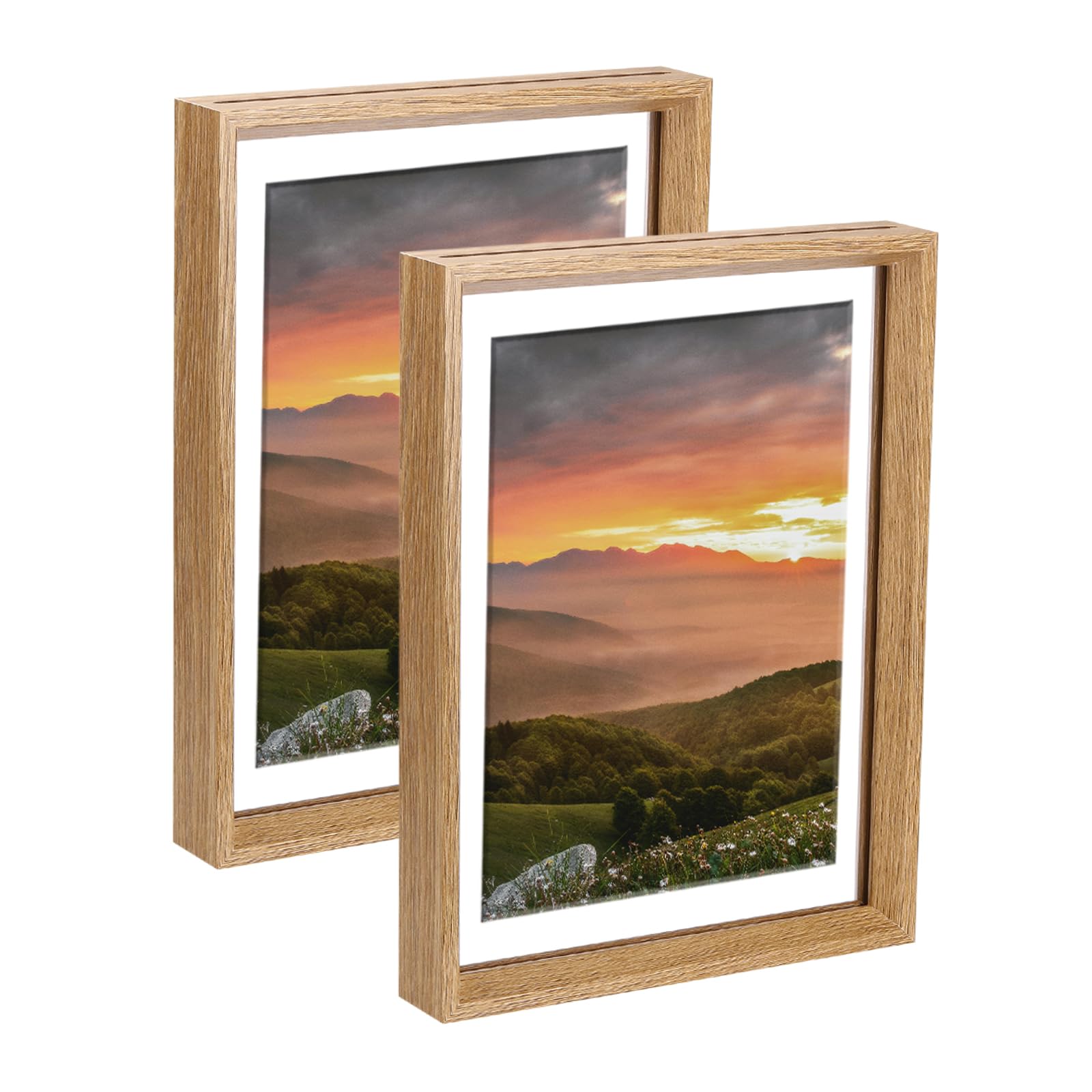 sourcing map 2Pcs Floating Frame, 12 x 8 Inch Natural Wood Pictures Frames for Pressed Flowers Standing Wall Hanging Picture Collection, Wood Tone