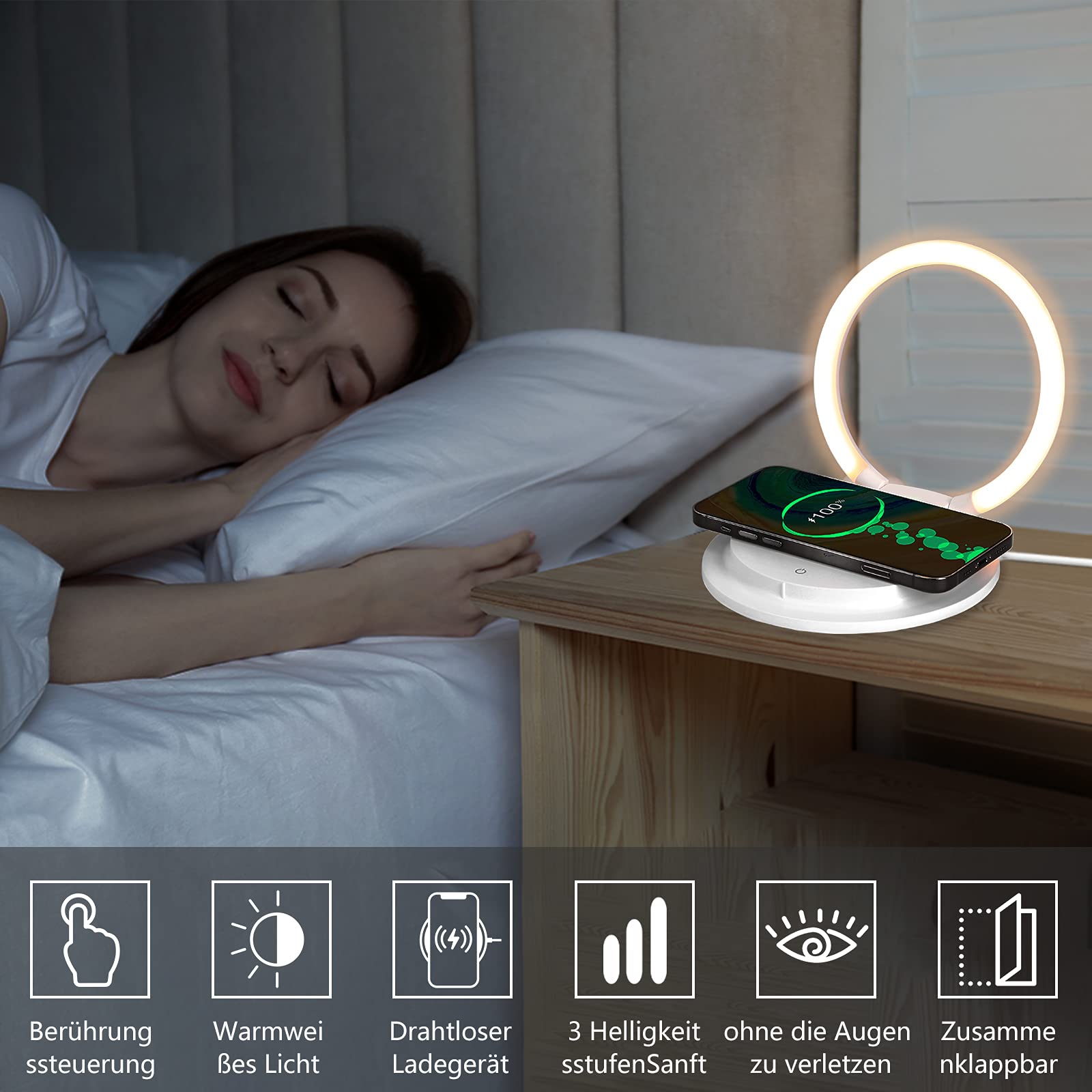 HTU Lampada da comodino a LED Touch dimmerabile con caricatore senza fili, moderna lampada da scrivania con 3 livelli di luminosità per bambini, luce notturna con supporto USB per cellulare