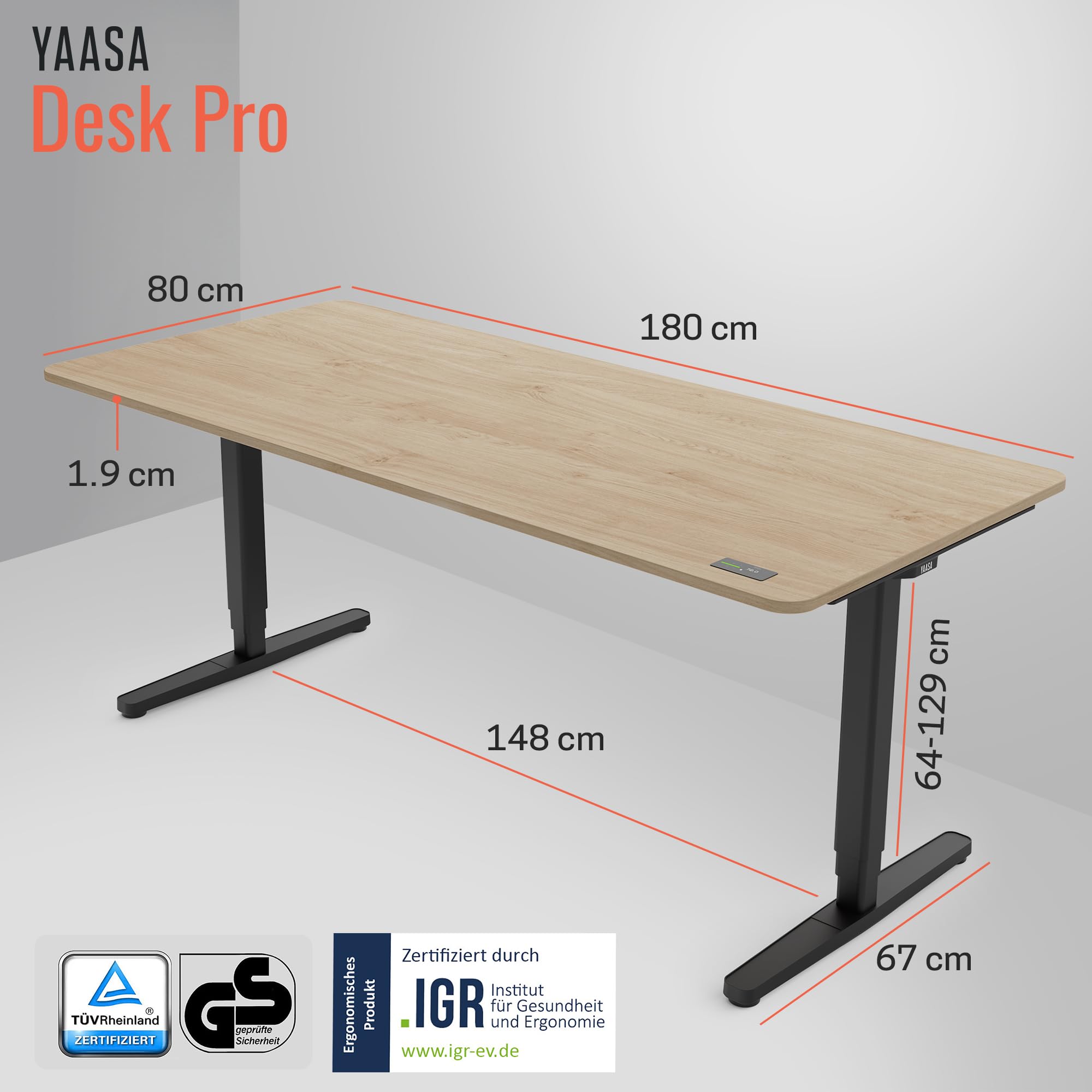 Yaasa Desk Pro 180x80cm, Schreibtisch höhenverstellbar für Büro Homeoffice | Abgerundete Tischplatte mit integriertem ErgoTouch-Handschalter: 9 Memory-Positionen, Automatikfahrt, Schreibtisch für Büro