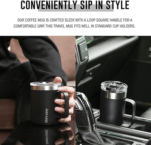 Miniatura 5 de Life's Easy Taza de acero inoxidable de 12 onzas con asa, vaso de viaje aislado de doble pared con tapa abatible, taza térmica para café, agua,