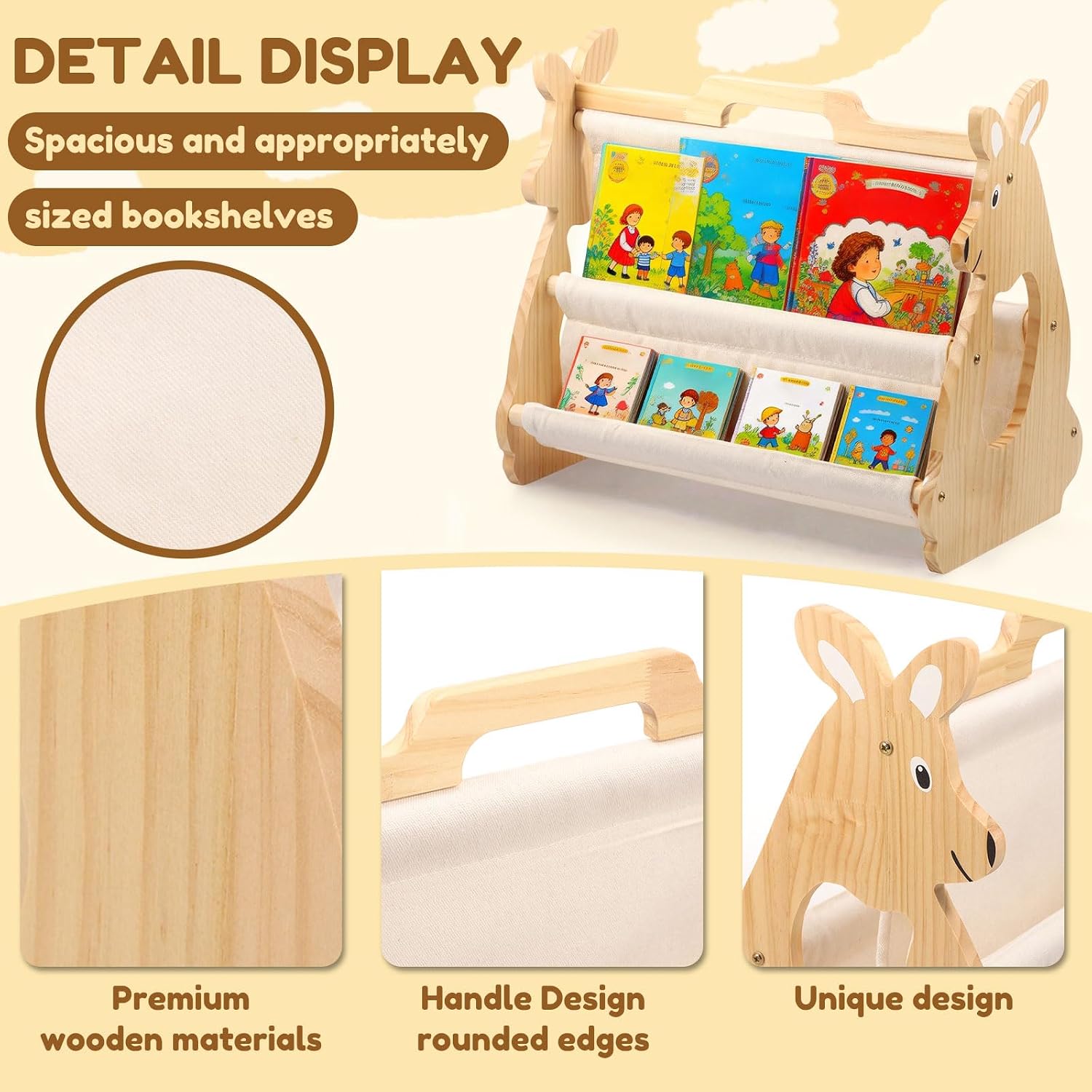 Double Sided Bookshelf – 2 Portable Bookshelf, Book Shelf for Rooms & Playroom, Cute Kangaroo Design Montessori,Book Display Shelve