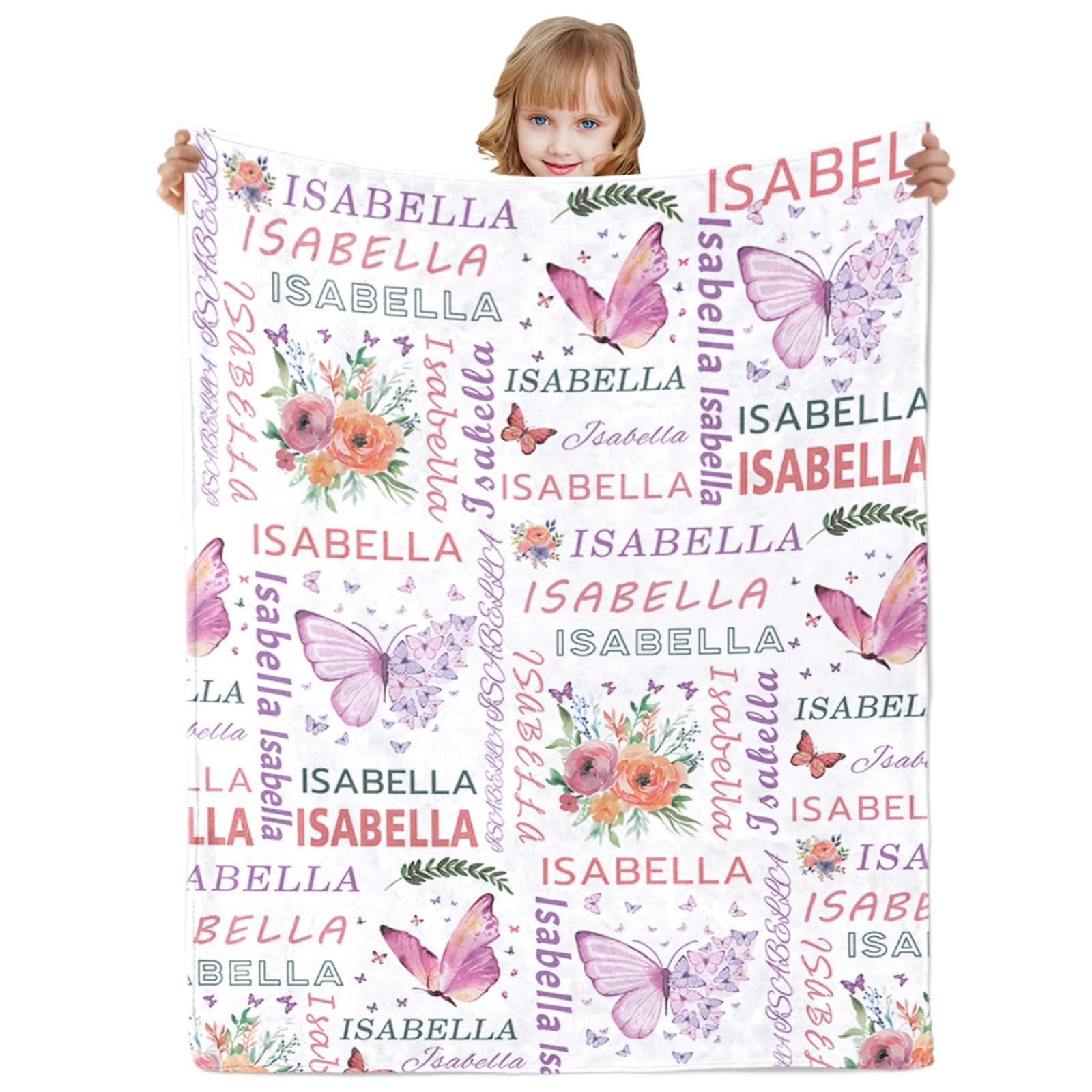 Urijk Personalised Baby Blankets,Custom Blankets with Name for Baby Boys Girls,Name Throw Blanket for Newborn Toddler,Personalised Gifts for Birthday Baby Shower (Butterfly) — image 1