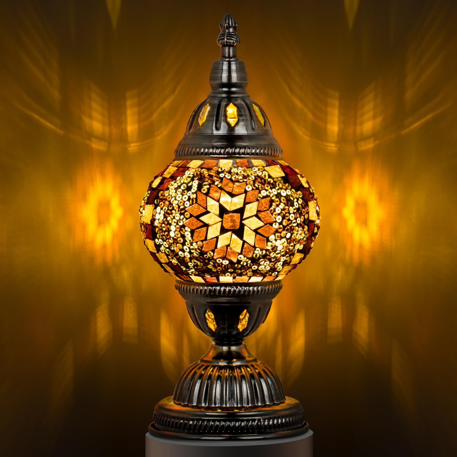 Marrakech Turkish Table Lamp with Bronze Base，Handmade Yellow Moroccan Tiffany Style Mosaic Glass Night Stand Light Fixture Including LED Bulb for Living Room Bedroom Decor