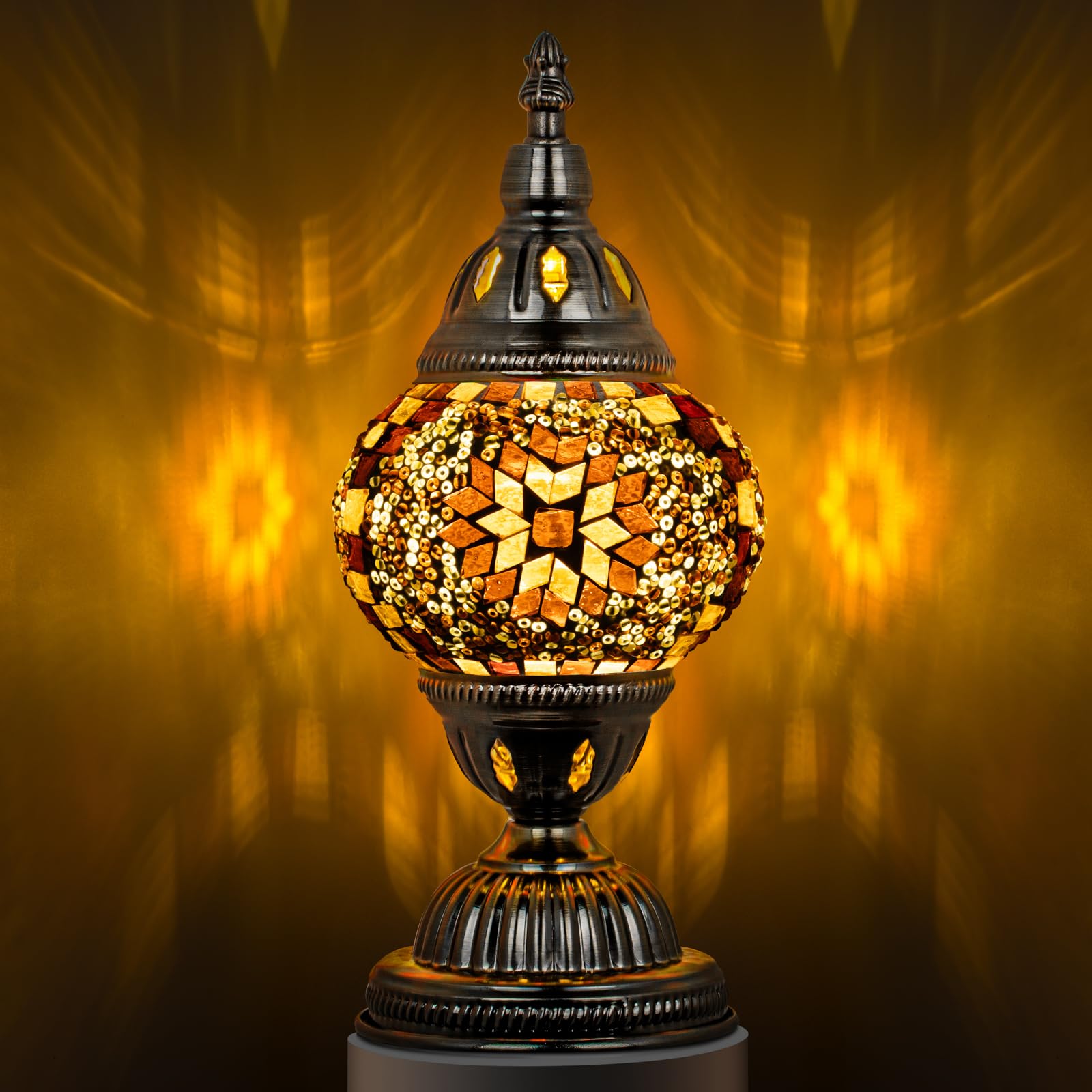 Marrakech Turkish Table Lamp with Bronze Base，Handmade Yellow Moroccan Tiffany Style Mosaic Glass Night Stand Light Fixture Including LED Bulb for Living Room Bedroom Decor