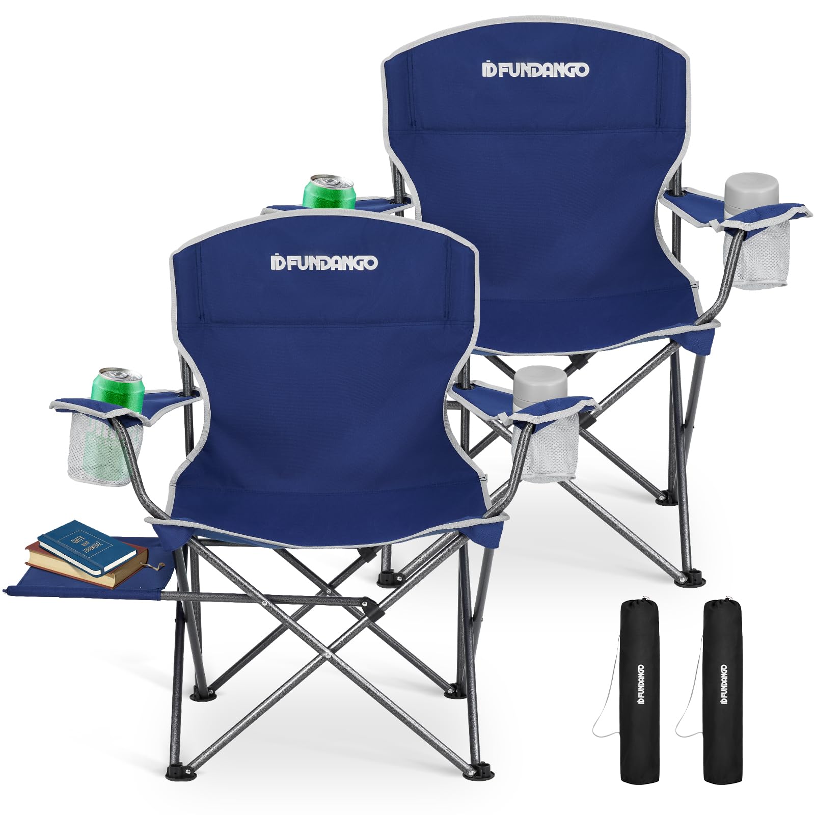FUNDANGO Folding Camping Chair with Table, 2 Pack Portable Heavy Duty Outdoor Padded Chairs for Adults with Cup Holders for Lawn Beach Picnic Outside Travel (Blue)