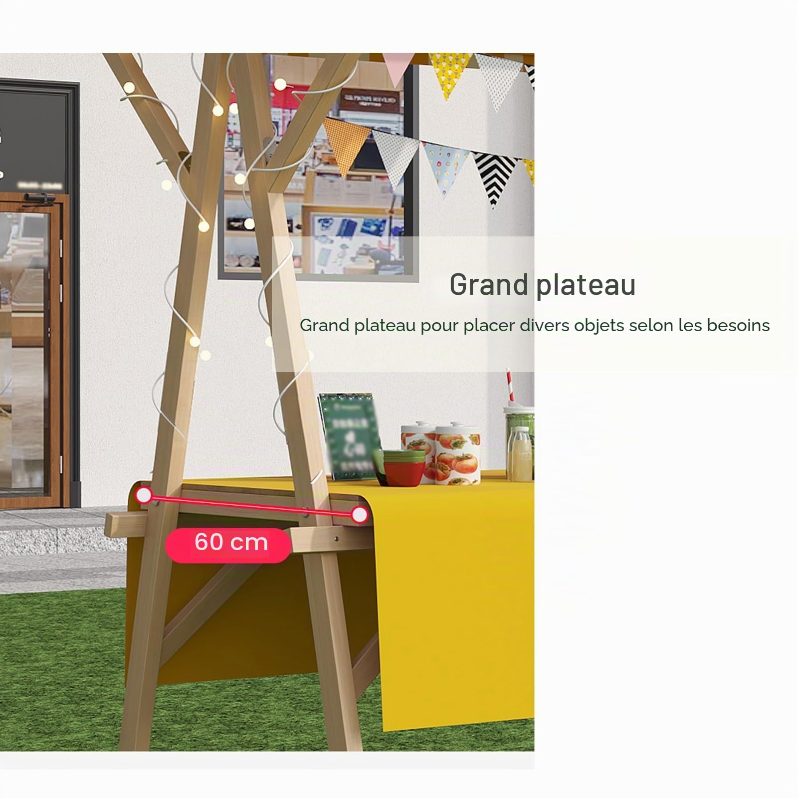Chariot De Restauration En Bois, Prèsentoir Mobile Avec Auvent De Marché Pliable, Stand Commercial Hot-dogs/glaces/snacks(Orange,120cm/47.2in)