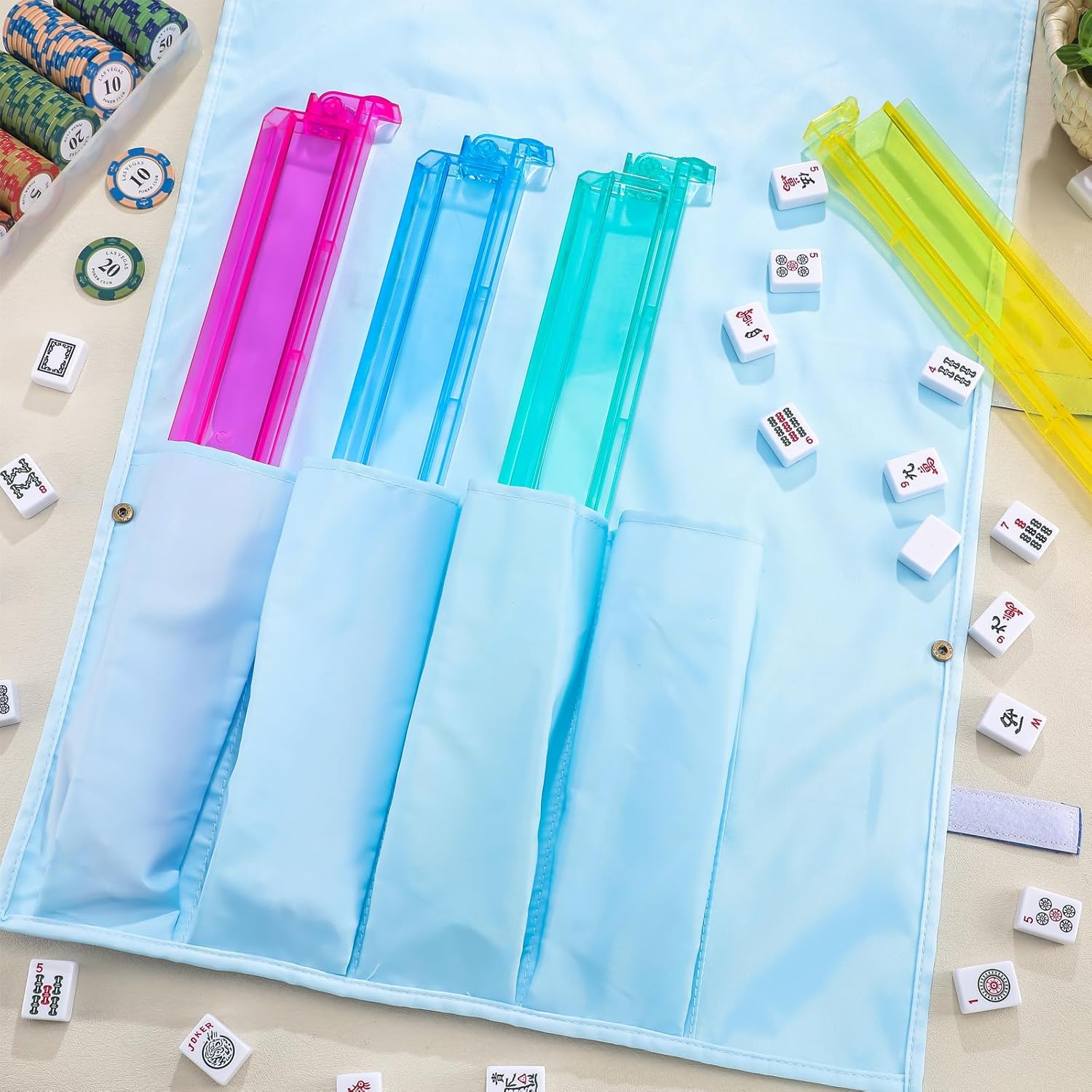 1 Pcs Mahjong Bags Protective Sleeve for Mahjong Racks and Pushers Tile Bag Accessory 20 Inch, Empty Mah Jong Bag Only(Light Blue,Classic)