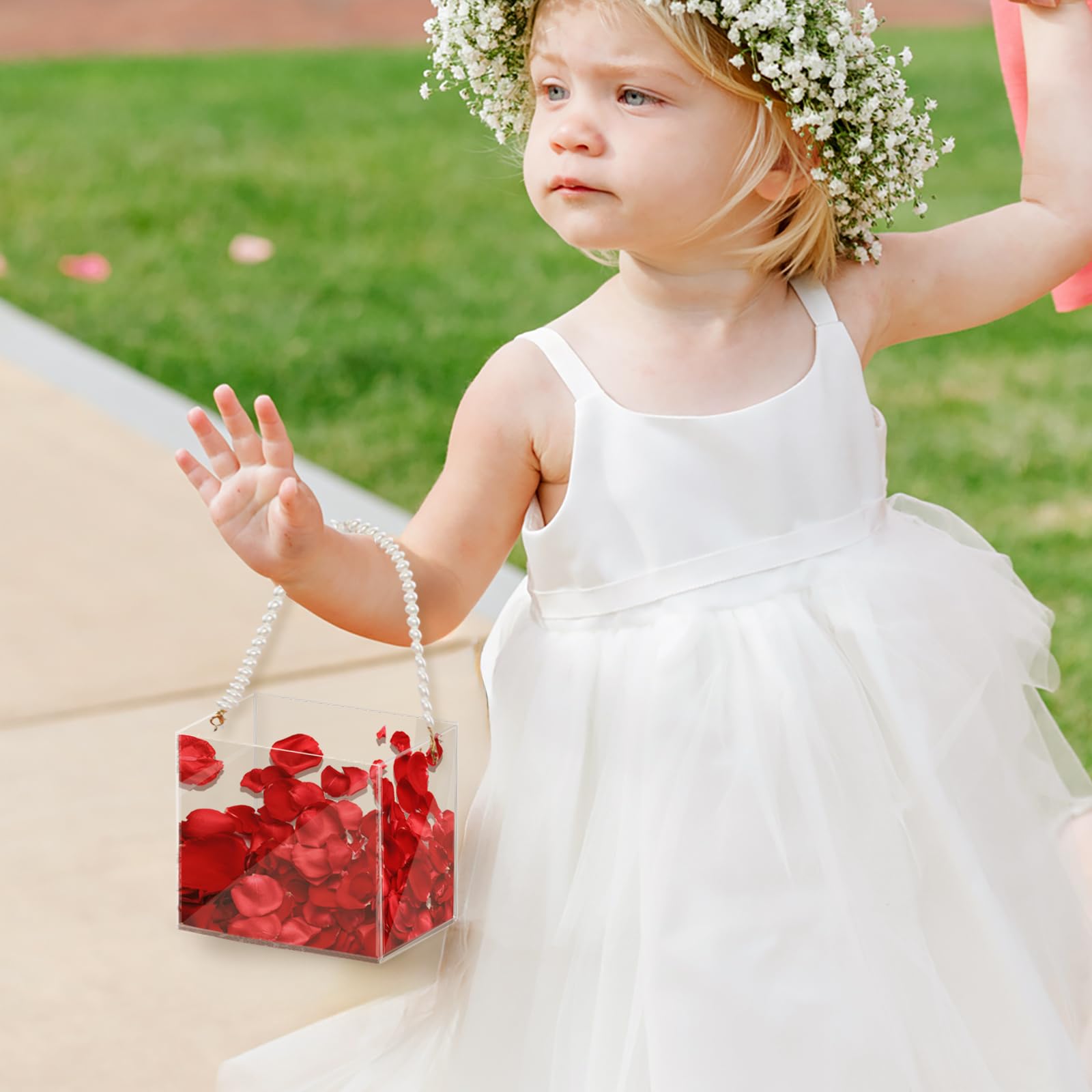 Set di 2 cestini per fiori, per matrimonio, con manico in perla, in acrilico, per coriandoli, decorazione per matrimoni (perla)
