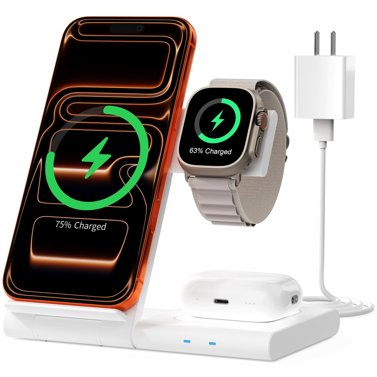 Cargador inalámbrico 3 en 1 para iPhone, estación de carga inalámbrica para múltiples dispositivos Apple (blanco)