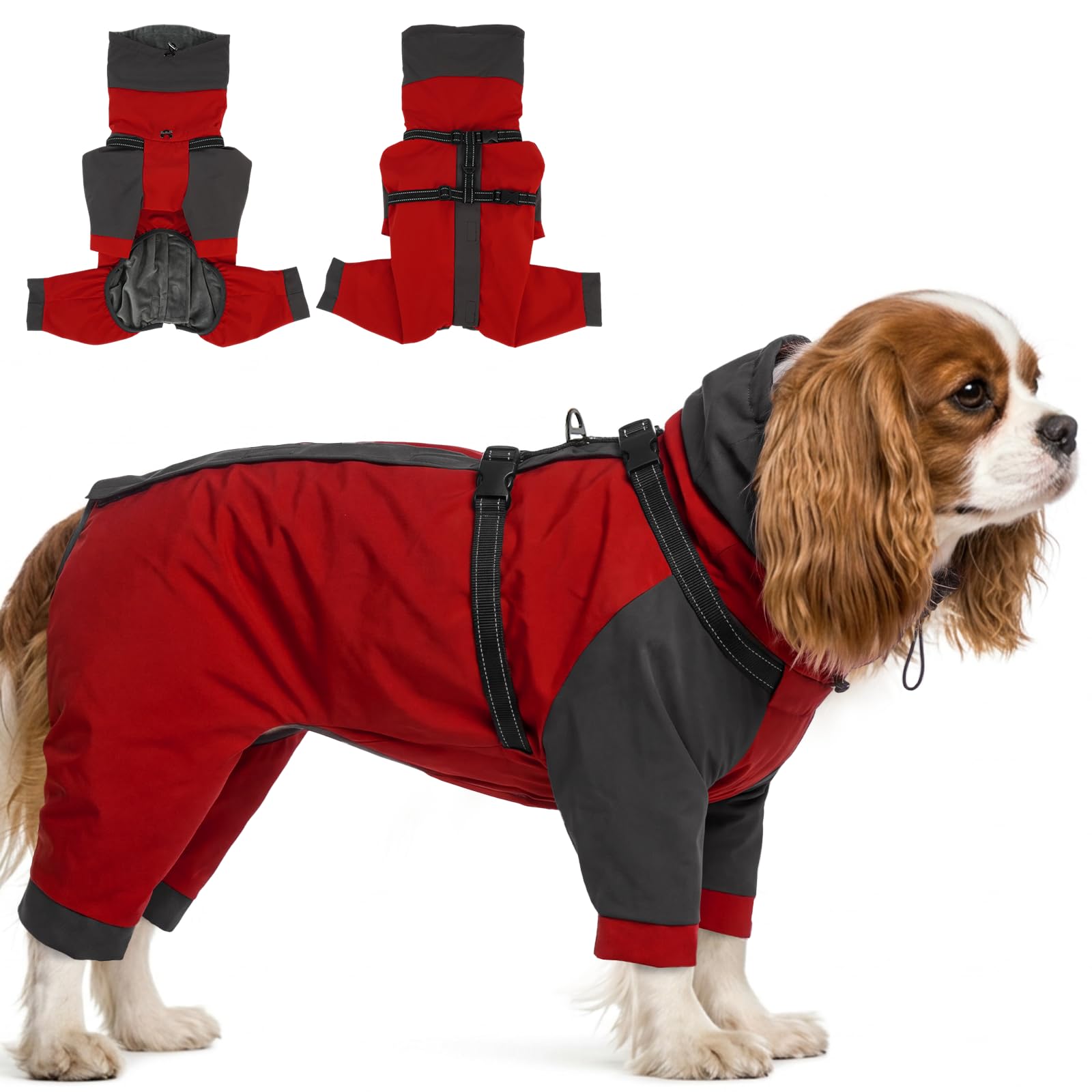 Lelepet Waterproof Dog Coat with Harness, Warm Dog Winter Apparel, Red XS