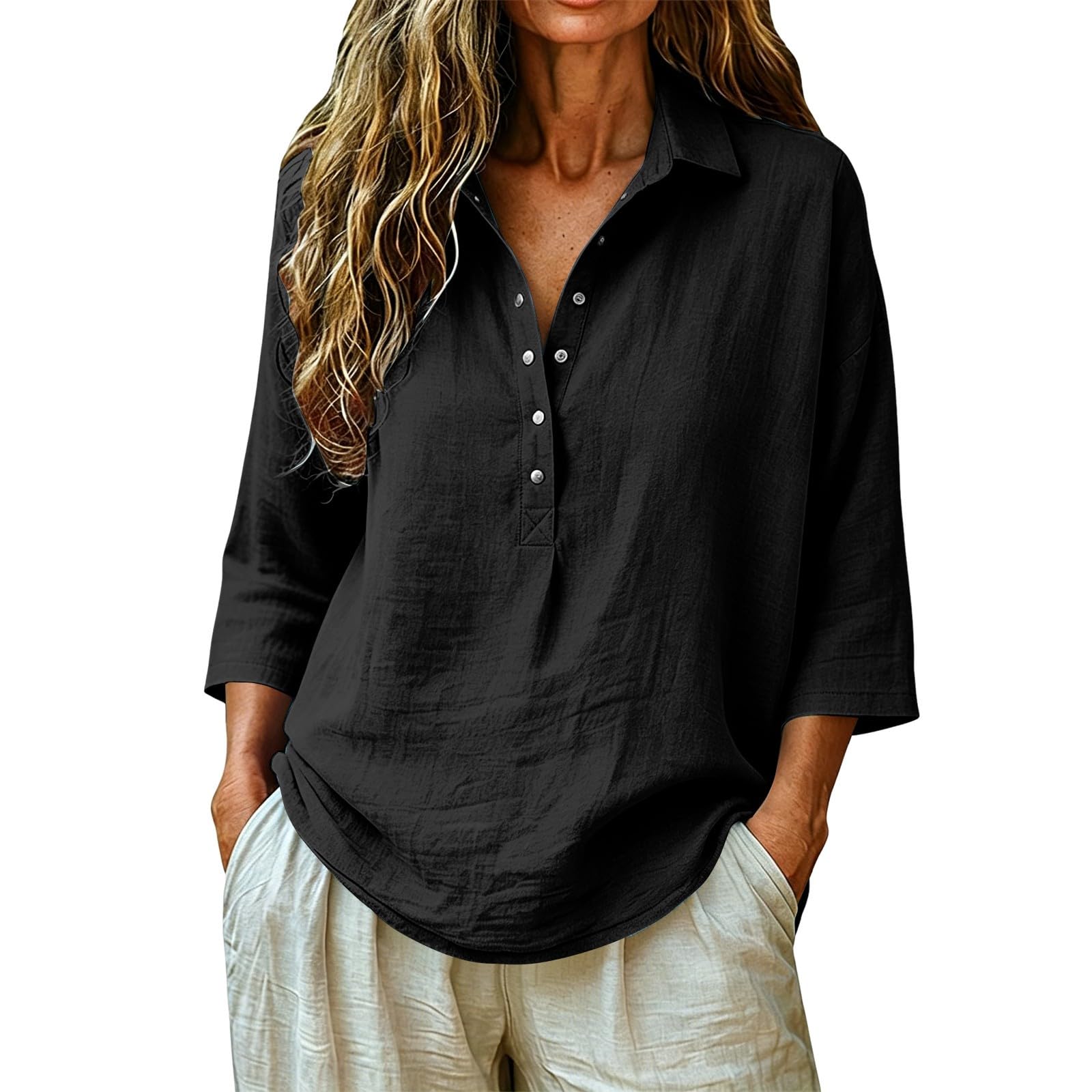 Donna Manica 3/4 Lino T Shirt V Button Down Tinta Unita Polo Camicia Elegante Blusa Top Lavoro Casual Basic Tunica Estiva Spiaggia vacanze Oversize T Shirt 2026 Comoda e Traspirante Classico Maglietta