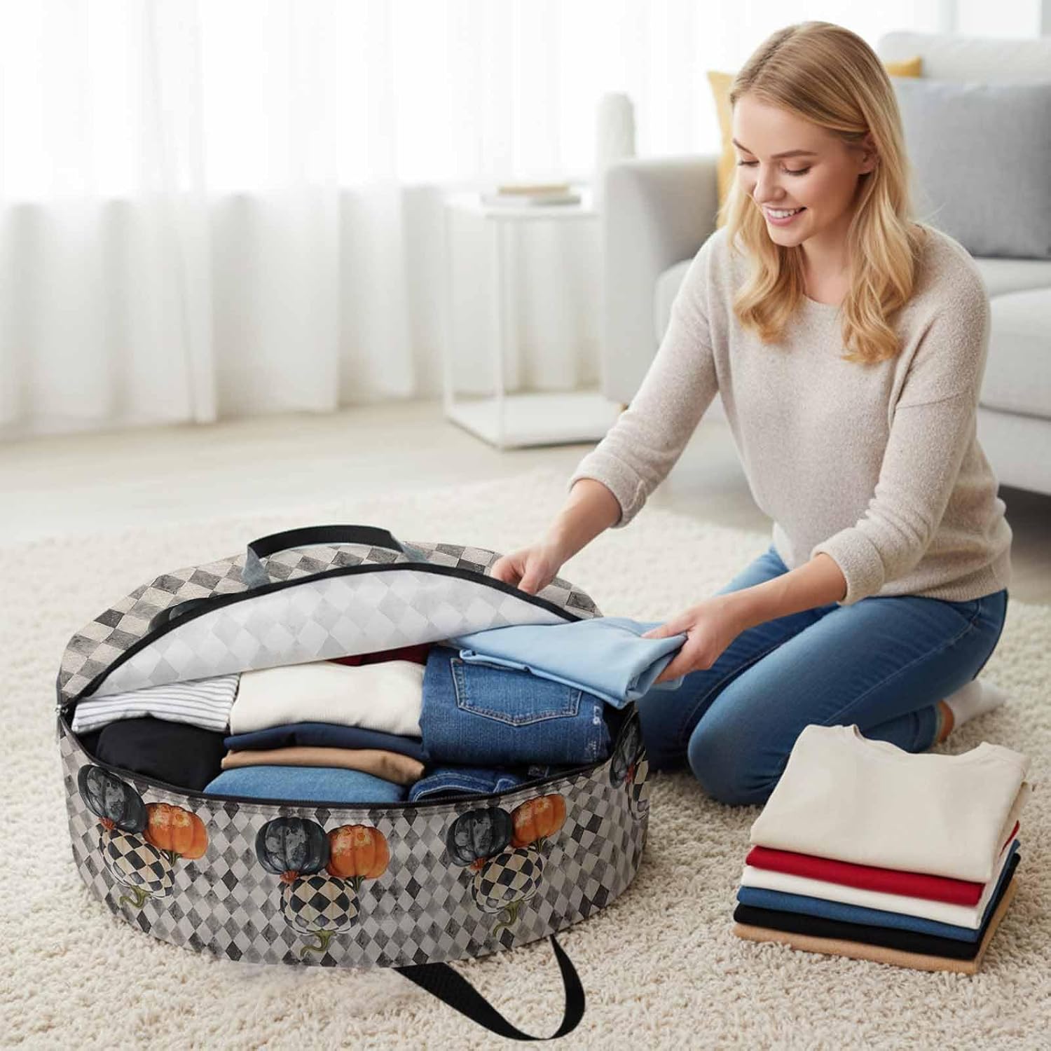 Fall Thanksgiving Round Storage Bag 36 Inch, Pumpkin with Floral Black White Diamond Plaid Clothes Storage Container with Handles Heavy Duty Organizer for Comforter, Bedding & Holiday Wreaths