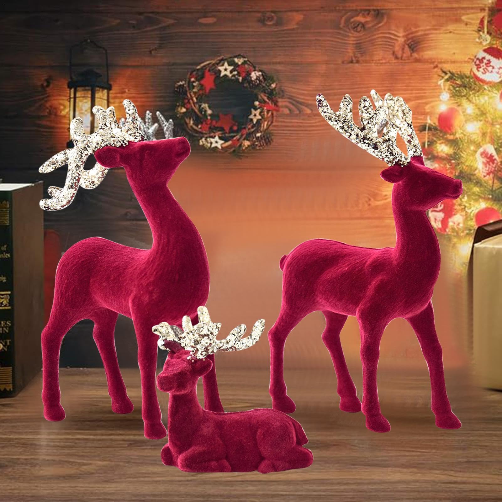 Jiimhte 3-Piece Christmas Reindeer Figurines, Deer Statue & Ornaments for Fireplace, Window, Desk & Shelf