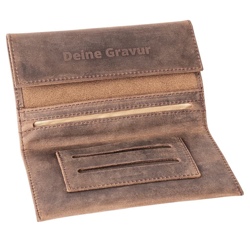 Premium Porta-Tabacco in Pelle con incisione, 2 Scomparti Extra per Cartine Doppia e Filtri, Bottoni Magnetici, Astuccio Tabaco Cuoio(Marrone Vintage)