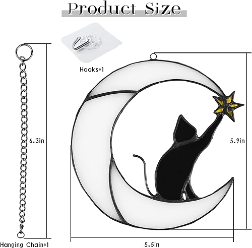 Miniatura 10 de Gato en luna con vitral, estrella para colgar en la ventana, decoración de regalo conmemorativo para mujeres (gato negro sobre luna azul)