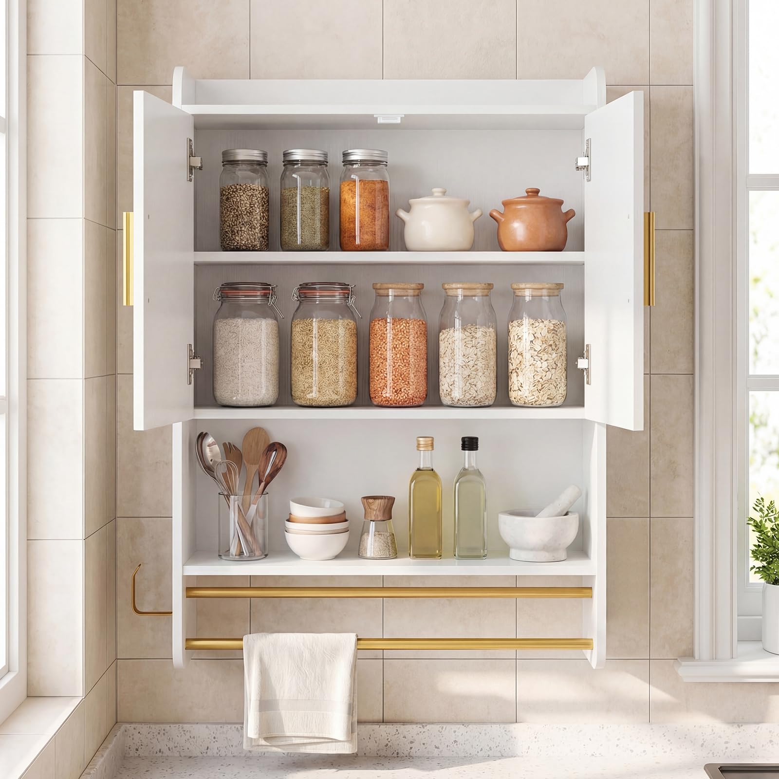 COSTWAY Armadietto Bagno Sospeso, Mobile da Bagno da Parete con Ripiano Regolabile, Scomparto Aperto, 2 Portasciugamani e Gancio Laterale, Pensile Salvaspazio per Cucina, 55 x 20 x 80 cm (Bianco)