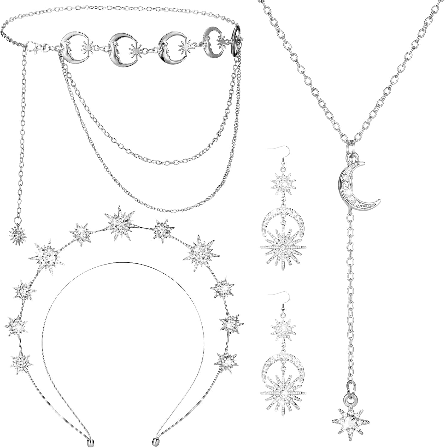 Glenmal 4 Pieces Crown Moon Stars Necklaces and Metal Body Chain Crown Drop Earrings Set Headband Tiaras and Crowns for Women Boho Bridal Wedding