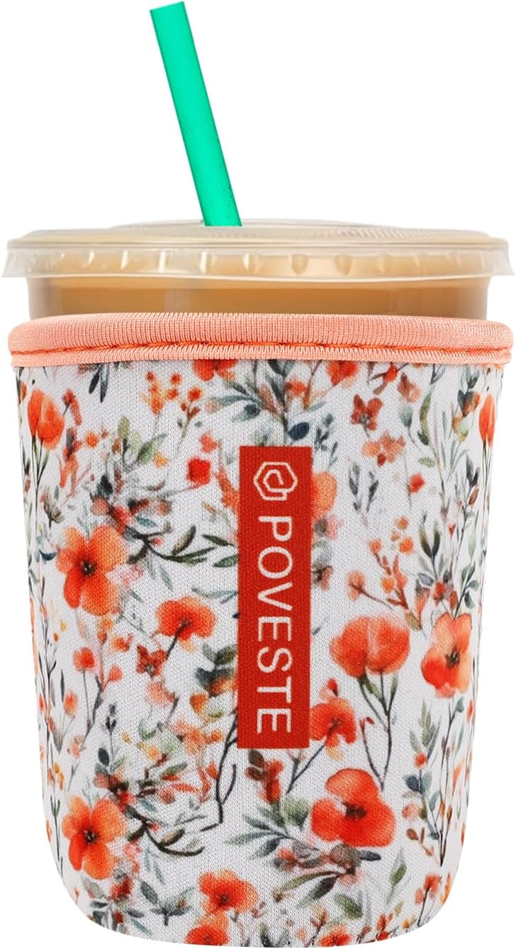 Reusable Neoprene Insulator Sleeve for Iced Coffee & Cold Soda, Coffee Sleeves for Iced & Hot Drinks, Cold Beverage Cooler Compatible with Starbucks, Dunkin (Flower Power, Small: 16-18oz)