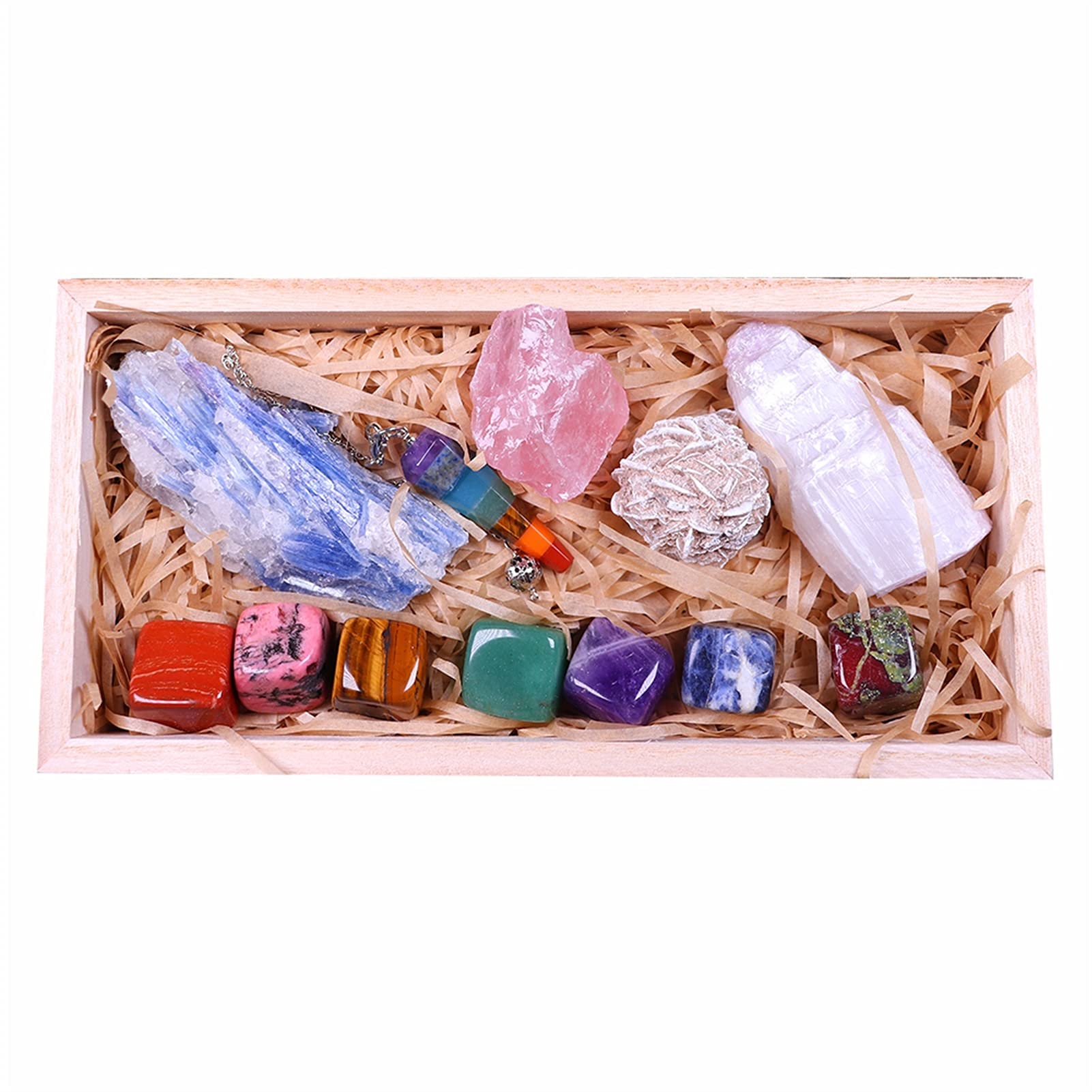 Natürlicher Quarz Chakren Fossen Block Kies Geschenk Holzkiste Kristall Pendel Meditation Edelstein (Color : Multi Colored)