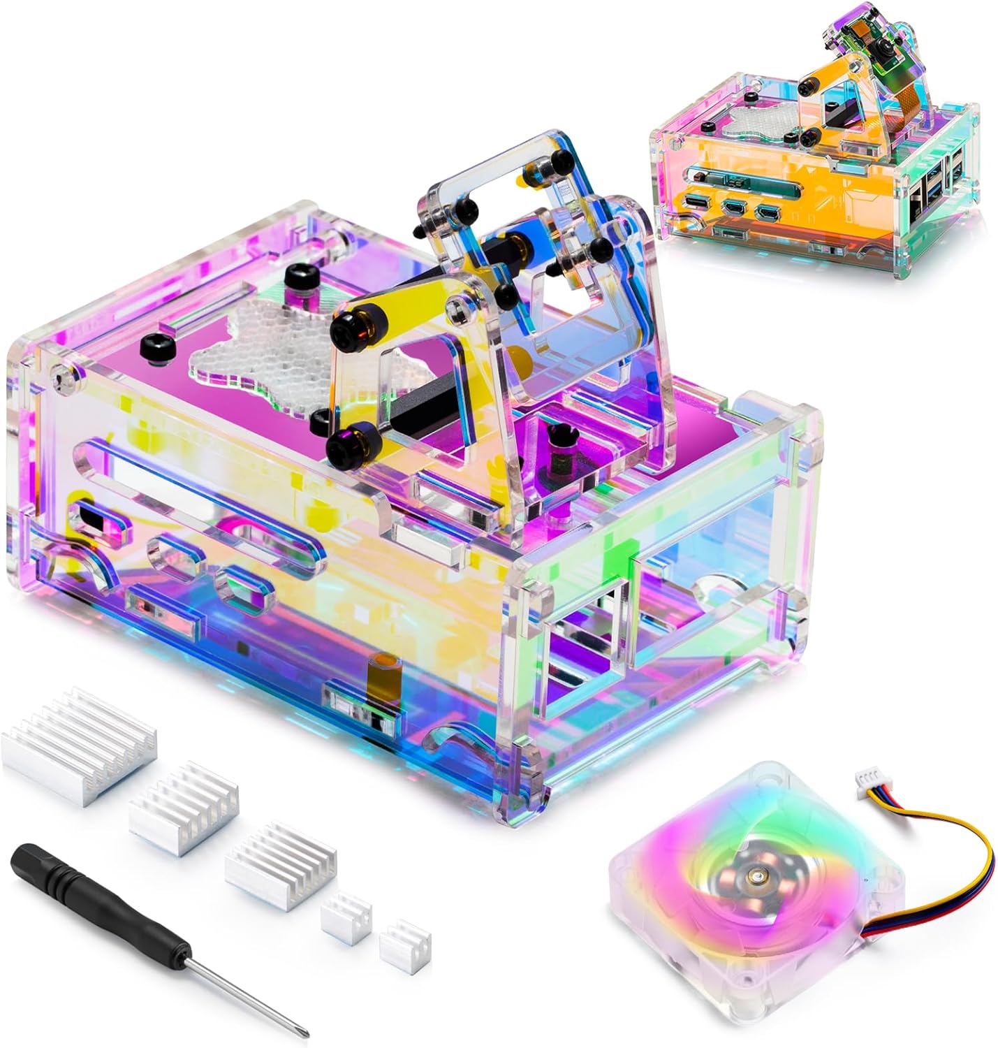 Transparent Iridescent Acrylic Case for Raspberry Pi 5,with Active Cooling PWM RGB Light Fan,5pcs Aluminum Heatsinks, RPi 5 Camera Case Adjustable Bracket, Compatible with Pi 5 Touch Screen.