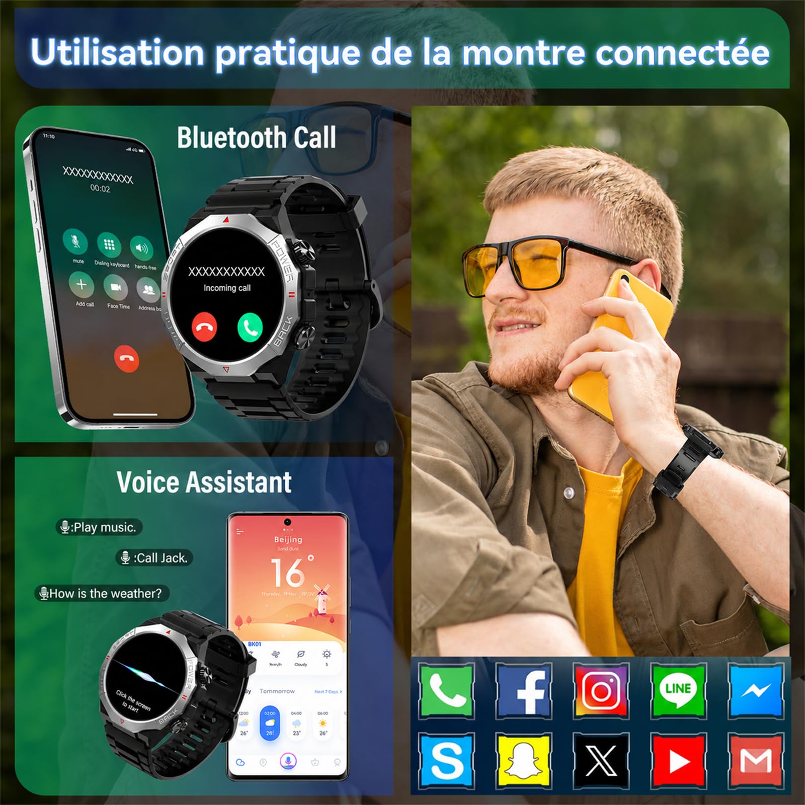 Soudorv Montre Connectée Homme, Militaire Montre avec Appel Bluetooth, Noir