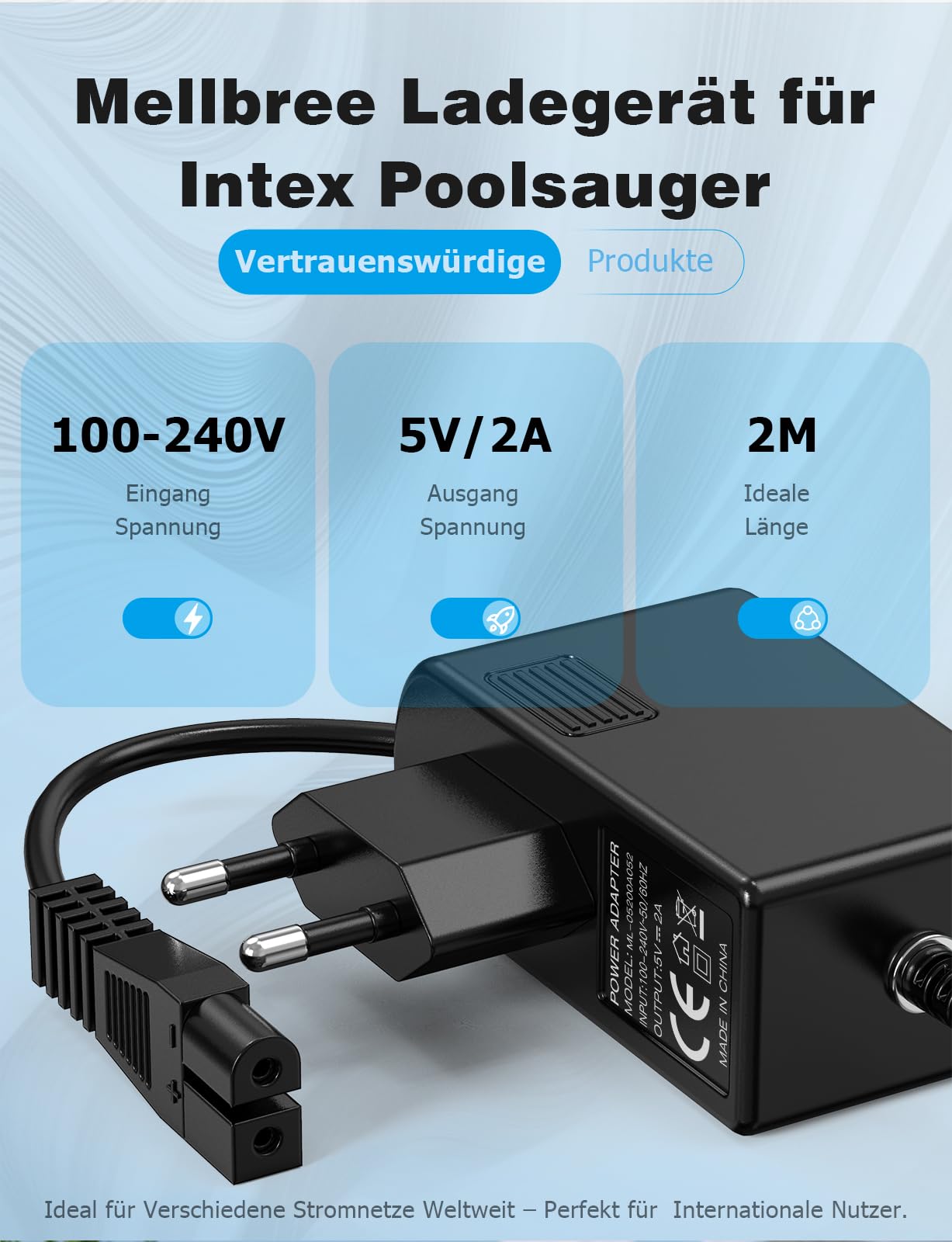 Mellbree Caricabatterie per aspirapolvere Intex ZR100 28626 28620NP 28620 CL1740, cavo di alimentazione di ricambio lungo 2 m per aspirapolvere da piscina, ricarica sicura ed efficiente per una