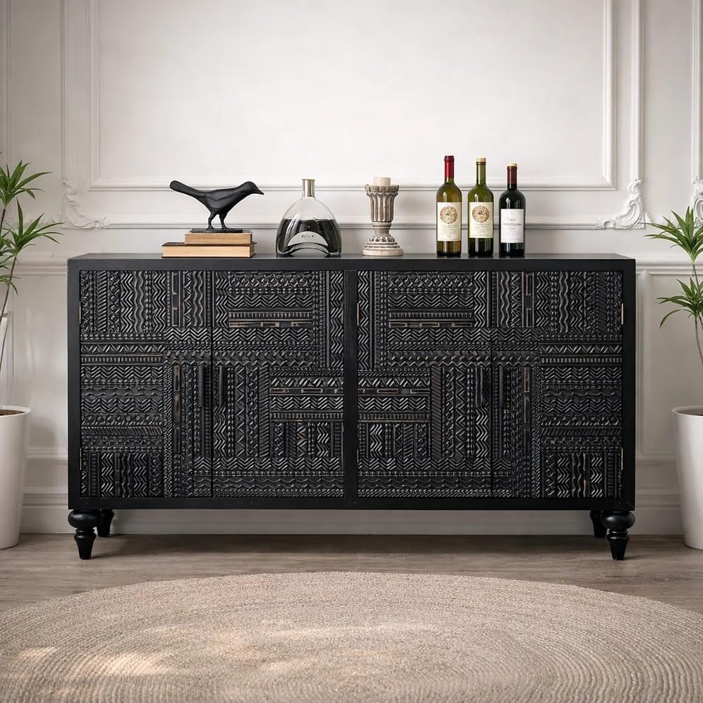 Rathkaar Solid Mango Wood Sideboard Cabinet for Living Room, Kitchen Crockery Cabinet with 4 Doors, CNC Carved Storage Unit for Bedroom, Black Finish, 63 x 16 x 35 Inch, Wooden Furniture-picture-10