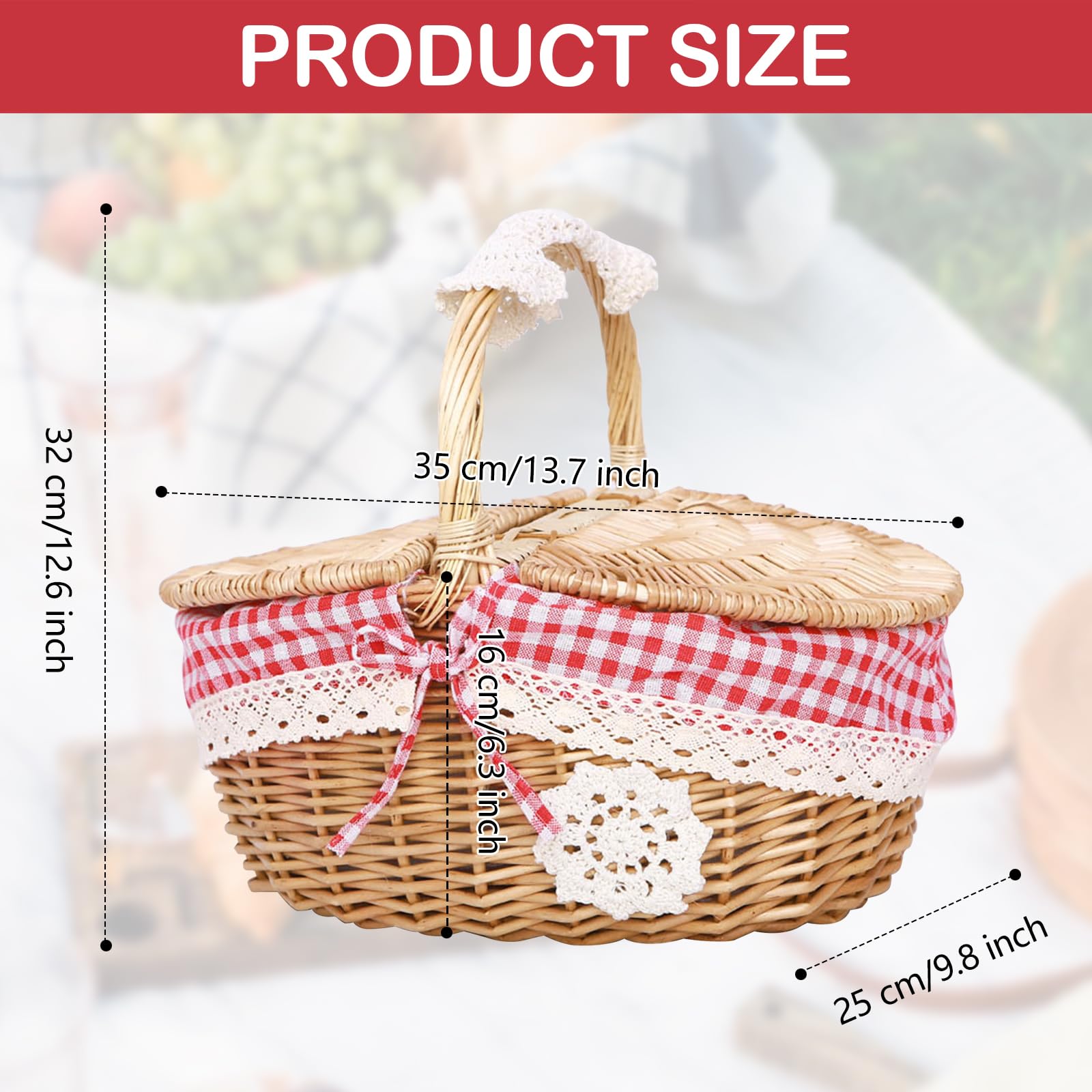 Weide Picknickkorb, Tragbarer Picknickkorb für den Außenbereich mit Deckel und Griff, Geflochtener Weidenkorb Praktischer Ovaler Rattan Aufbewahrungskorb für Picknick und Einkauf