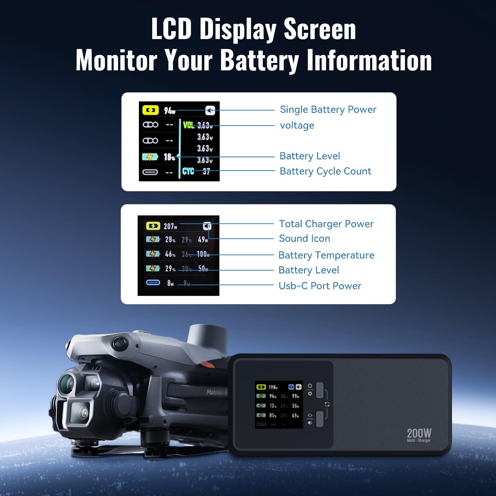 LKTOP Hub szybkiego ładowania 200 W do DJI Matrice 4 Series 4T 4E, równoległa ładowarka do akumulatorów z wyświetlaczem LCD 1,5 cala, 3 inteligentne tryby (przechowywanie/pełne/ciche), profesjonalne