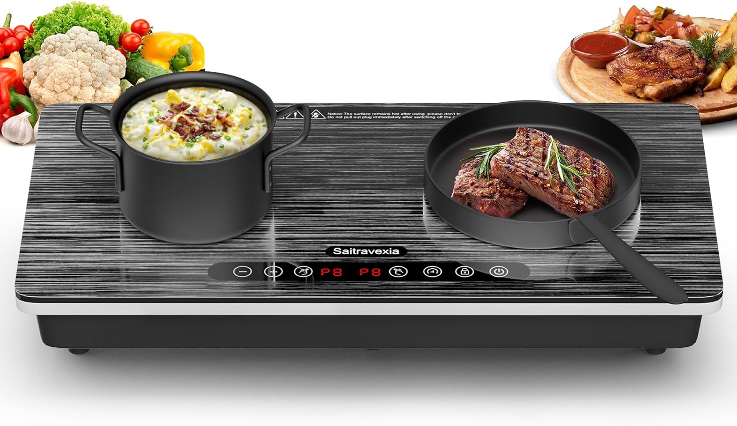 NOT TESTED. Double Induction Cooktop, 1800W Portable Electric Stove, 18 Inch Sensor Touch Electric Cooker Hot Plate, 5.91" Heating Coil, Child Lock, 8 Power Levels, 110v Outlet Plug with Glass Surface