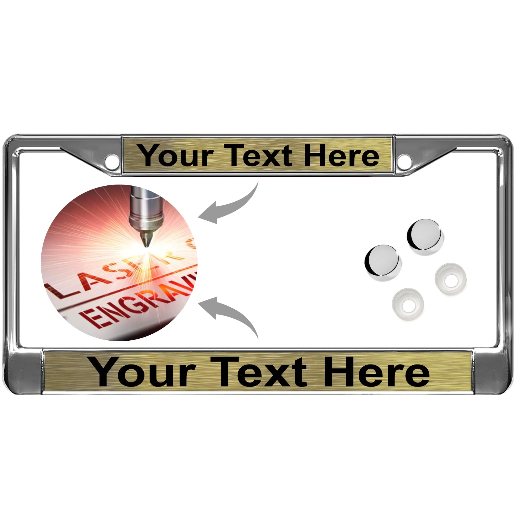 Custom Chrome Metal Standard Car License Plate Frame - Gold/Black Text