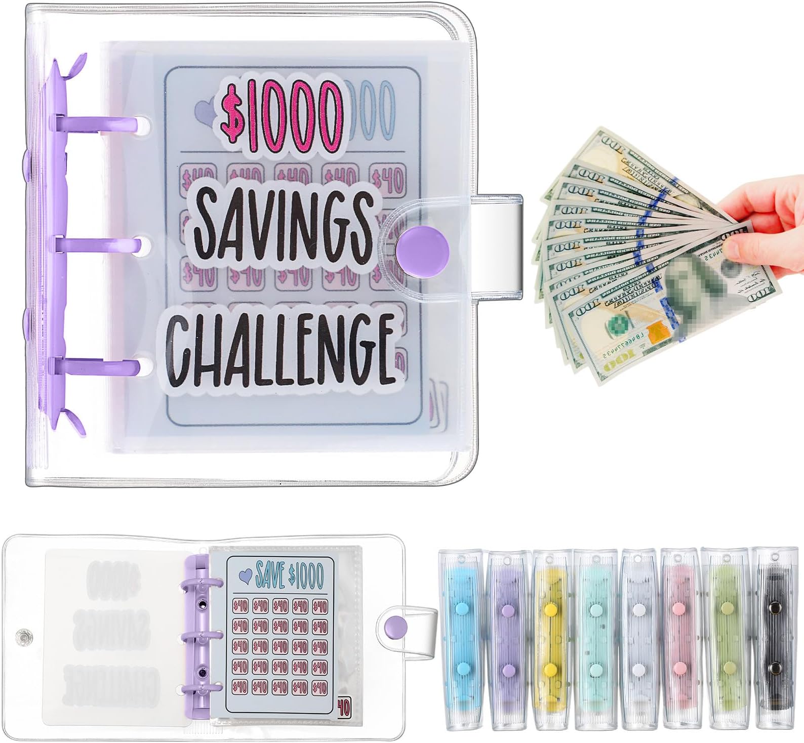 Jetec 1 Pcs 1000 Mini Money Saving Binder Money Saving Challenge Book with Envelopes for Budgeting Cash Planner Back to School Class Prize Exchange Gift (Purple)