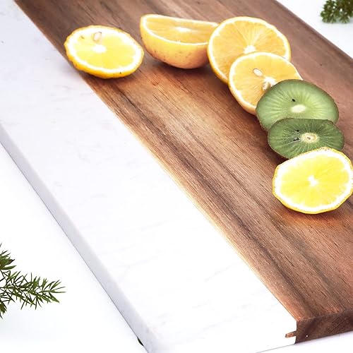 Miniatura 4 de Azauvc Tabla de cortar con mármol blanco y madera natural tabla de servir tabla de queso para carne de frutas con asa tabla de cortar para pan