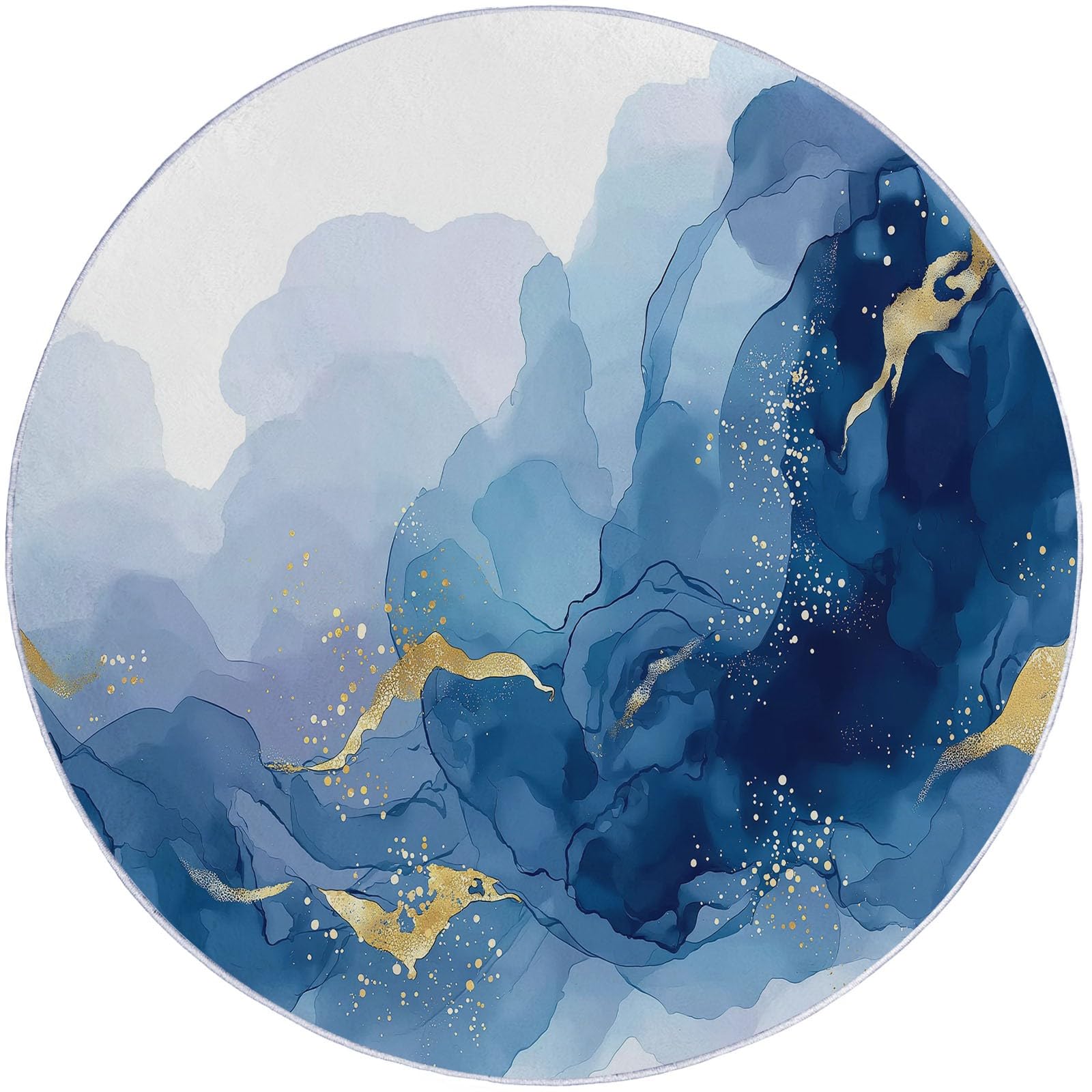 Round Area Rug 160 cm Washable Bathroom Non-Slip Large Circle Rugs for Bedroom, Abstract Watercolor Marble Print Short Pile Soft Carpet for Entryway Sofa Living Room Kids Room Decor, Blue — image 1