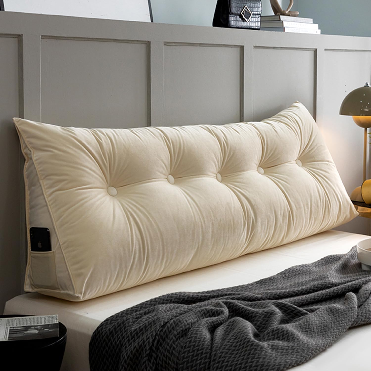 Tufted Button Headboard Pillow Triangular Wall Pillow Reading Support Cushion Soft Reading Bed Pillow Solid Color Neck/Back/Waist Support Pillow Board Dorm Sofa Mattress (Color : Beige, Size : Cal K