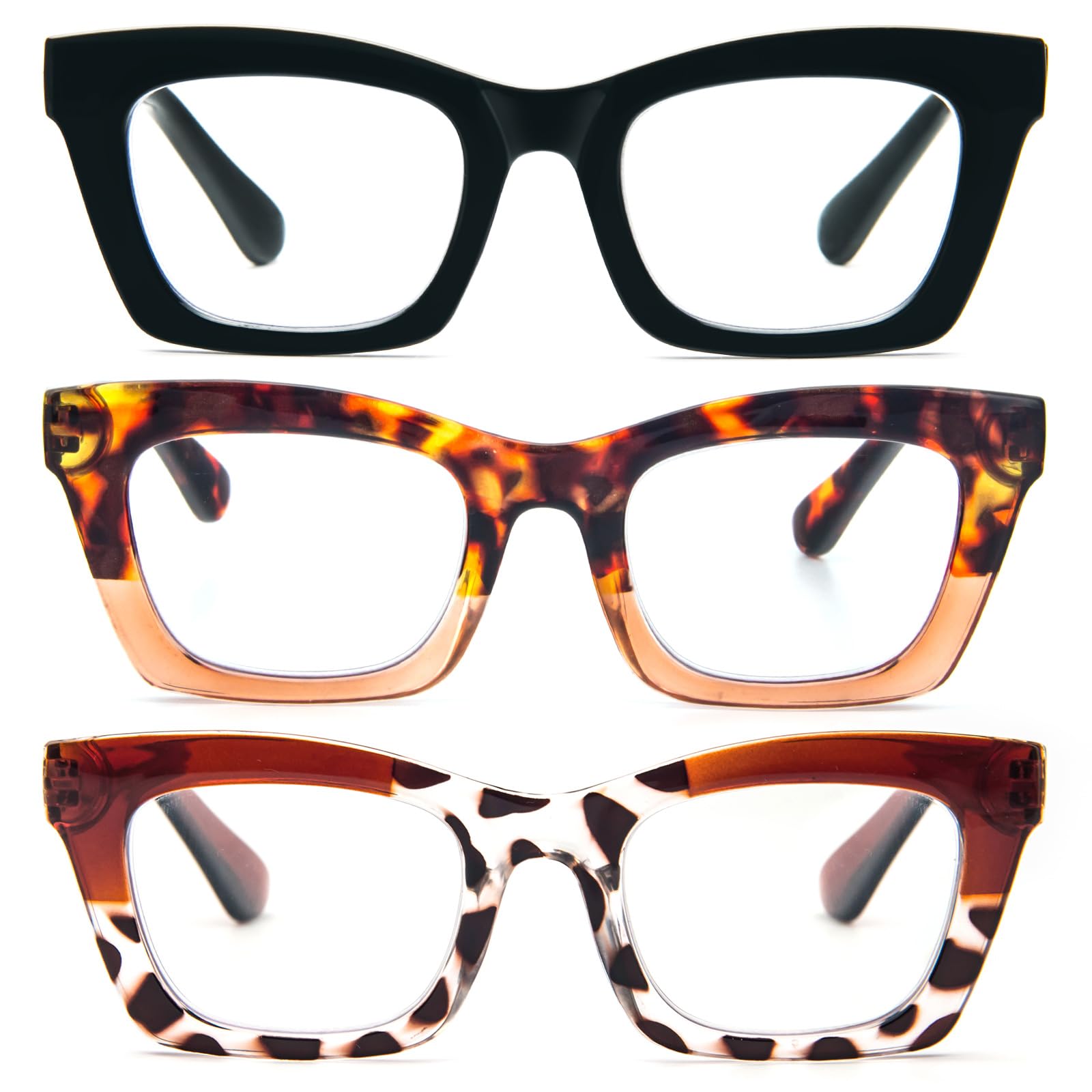 KoKoBin 3 Pack Oprah Style Reading Glasses for Women Blue Light Blocking, Cute Oversized Square Computer Readers Spring Hinge — view 10